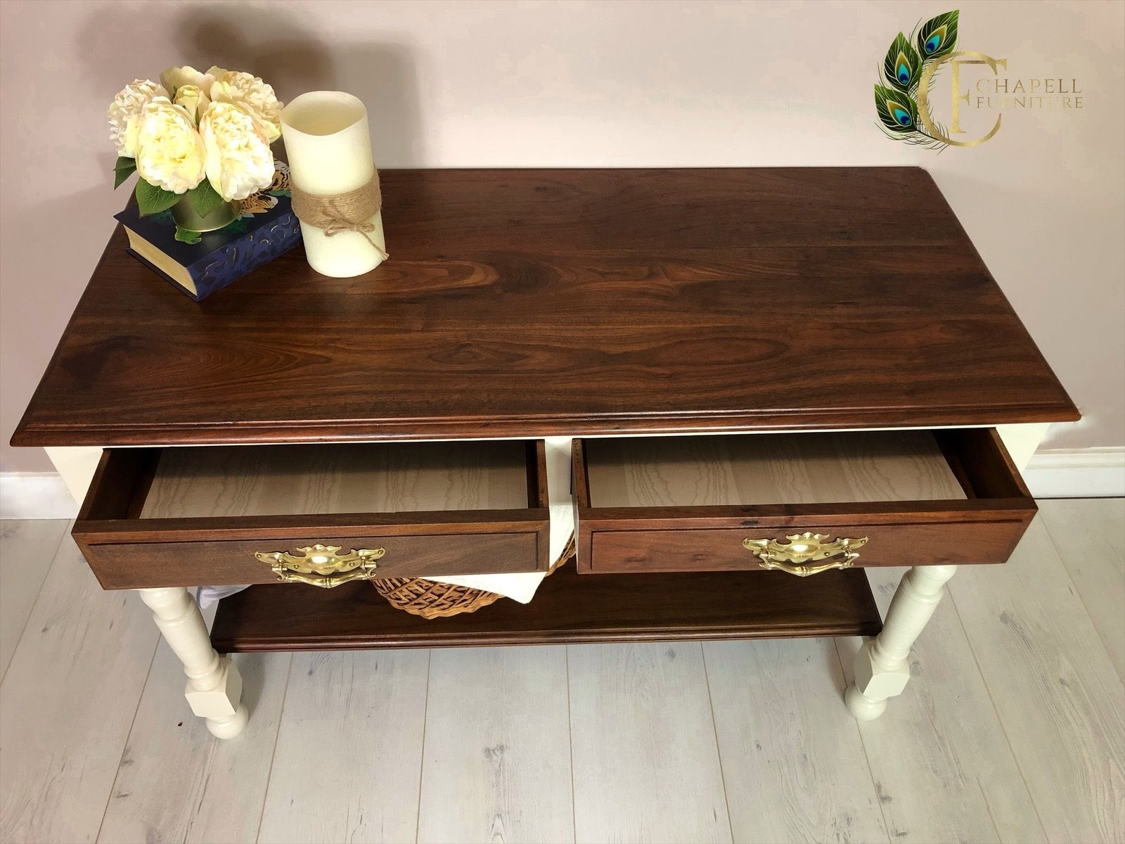 Oak Base And Mahogany Top Upcycled Hall Table /Console Table, Country Style Kitchen Island, Side Board, Hand Painted In Warm White Colour photo for sale