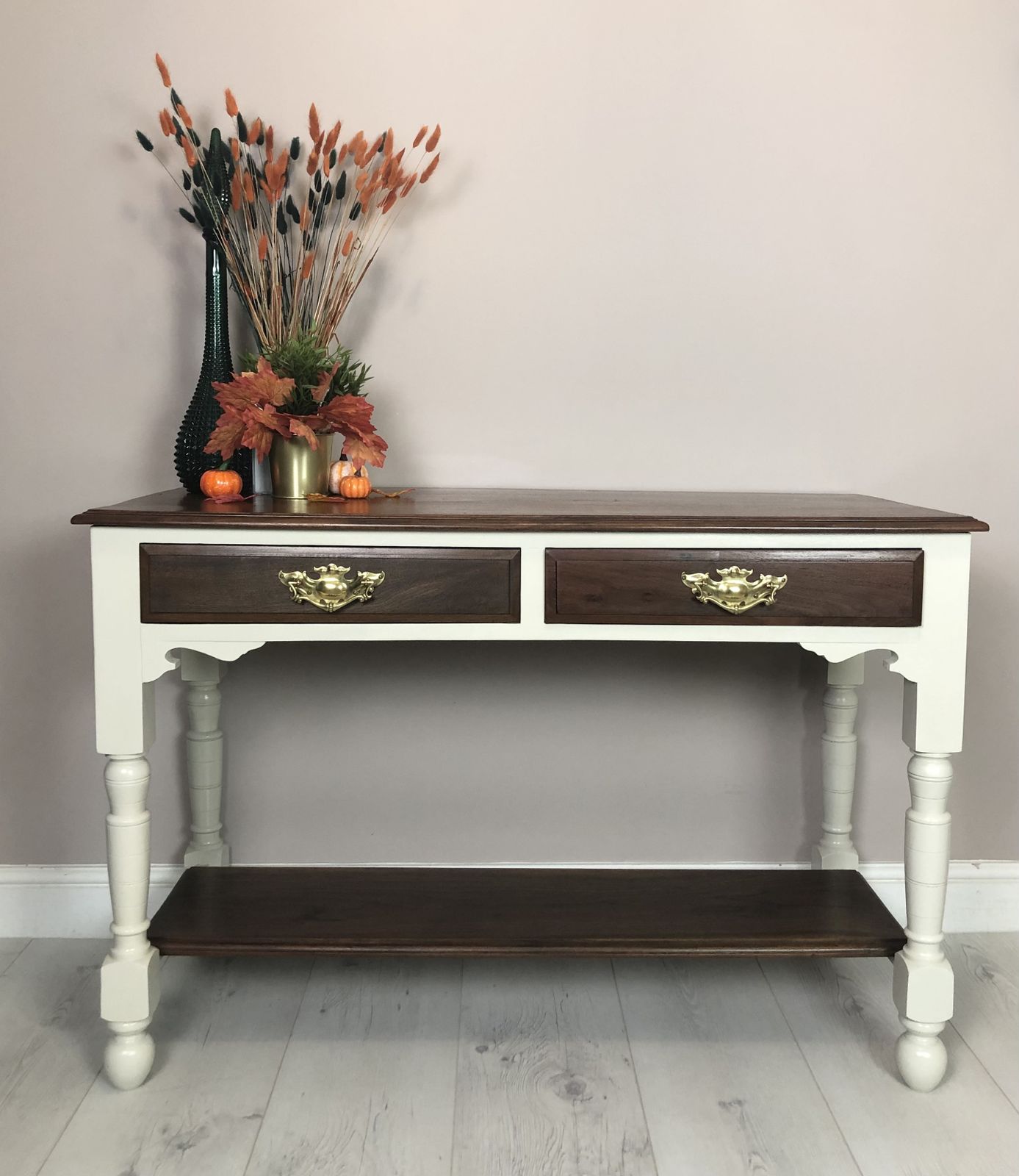 Oak Base And Mahogany Top Upcycled Hall Table /Console Table, Country Style Kitchen Island, Side Board, Hand Painted In Warm White Colour photo buy