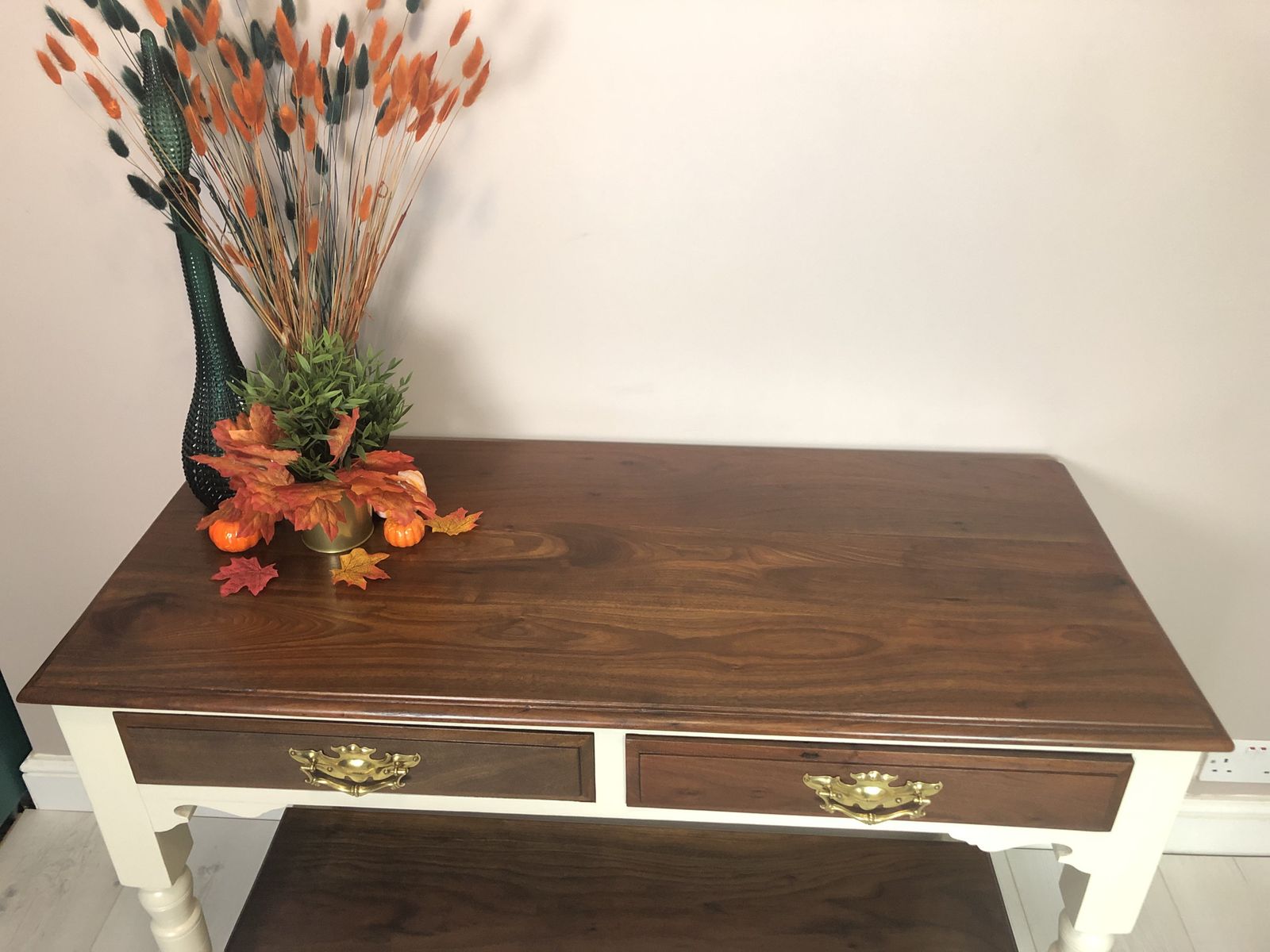 Oak Base And Mahogany Top Upcycled Hall Table /Console Table, Country Style Kitchen Island, Side Board, Hand Painted In Warm White Colour photo vintage