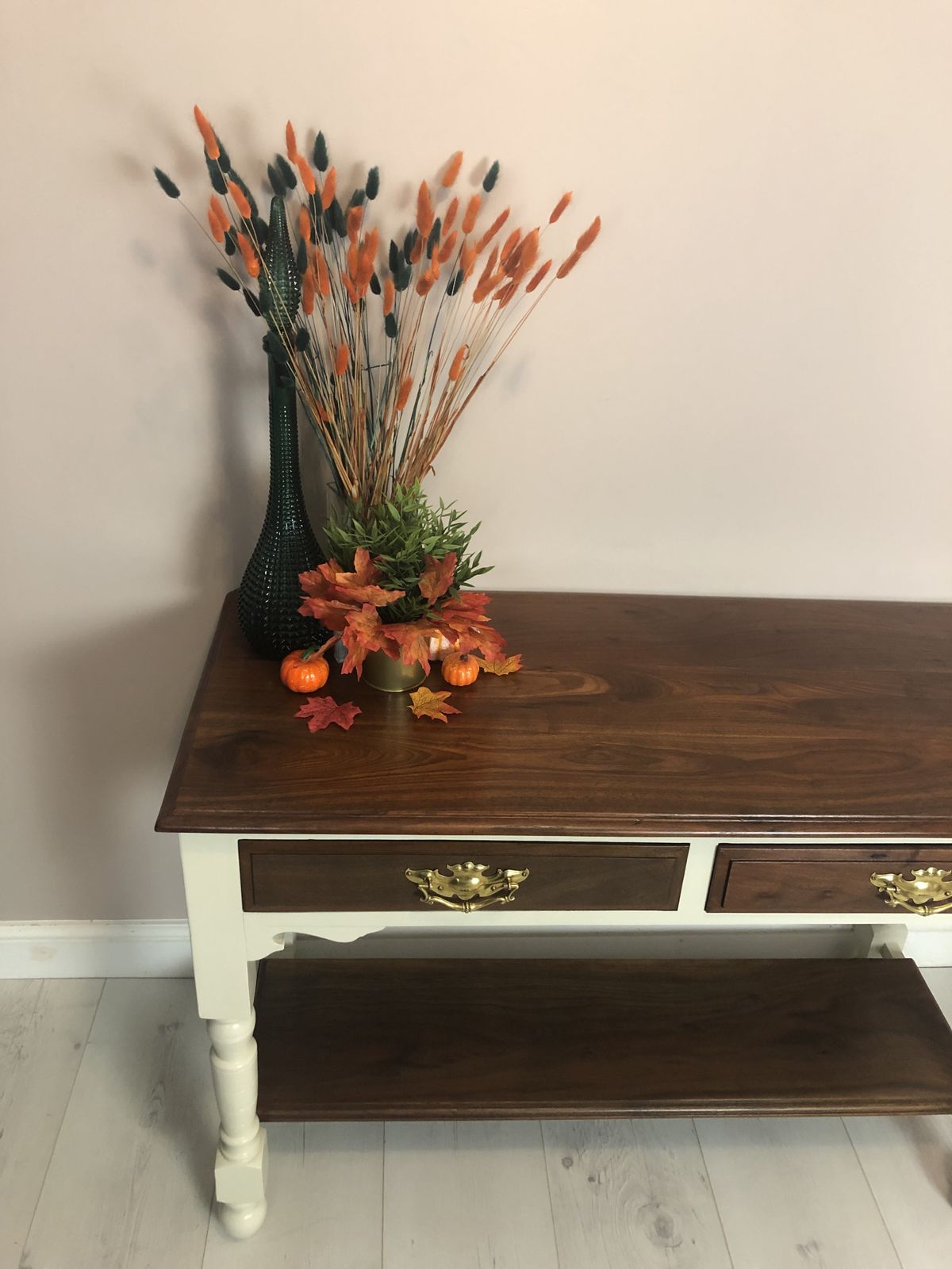 photo furniture Oak Base And Mahogany Top Upcycled Hall Table /Console Table, Country Style Kitchen Island, Side Board, Hand Painted In Warm White Colour