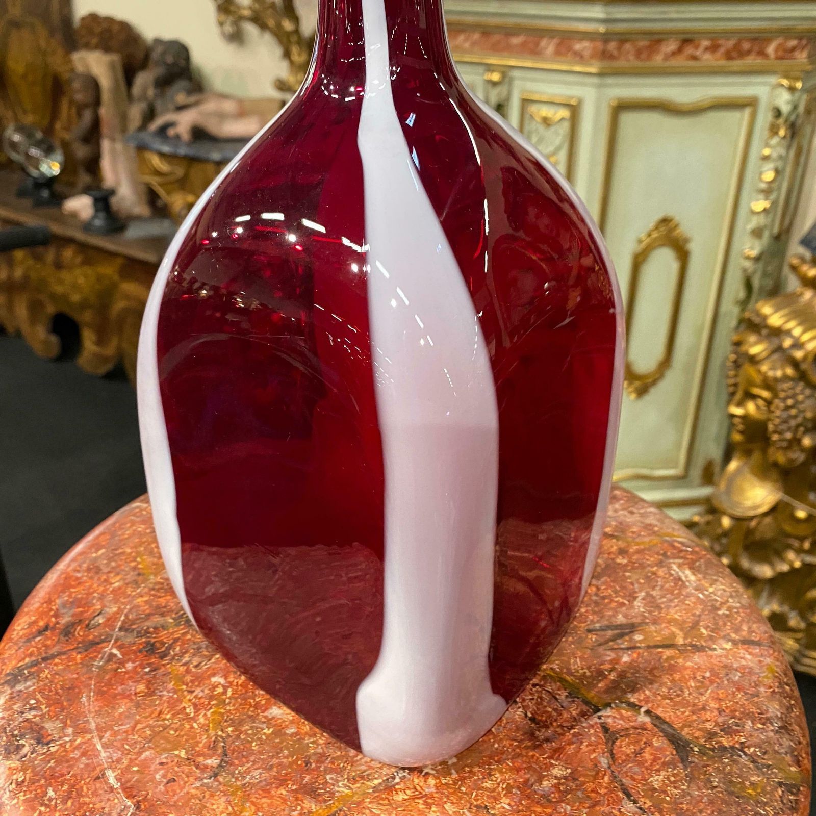 1980s Modernist Red And White Tall Murano Glass Bottle Vase By Carlo Moretti photo furniture