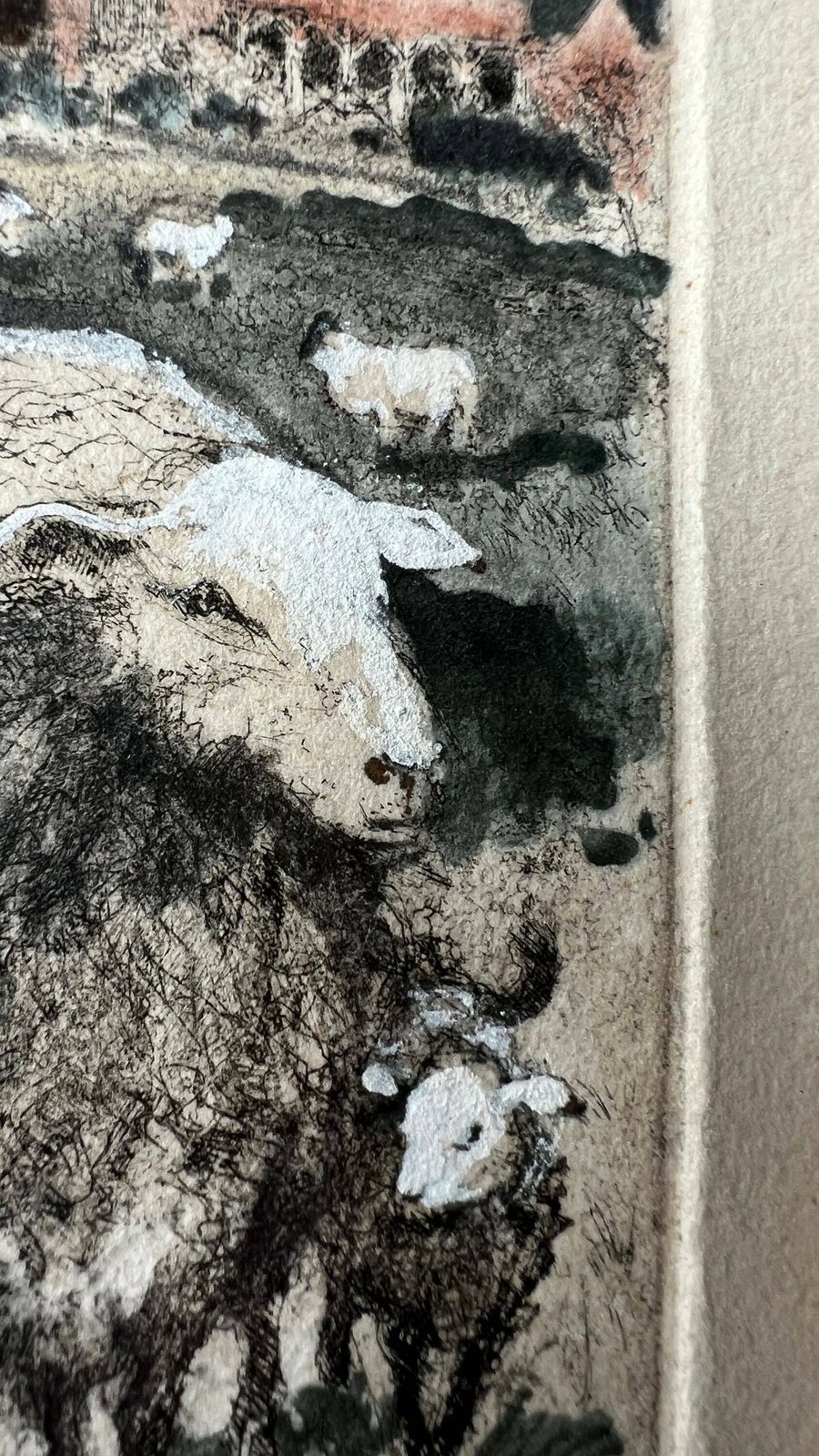 Mid 1900’s Hand Pulled And Coloured Engraving Picture Depicting Sheep And Farmhouse photo vinterior