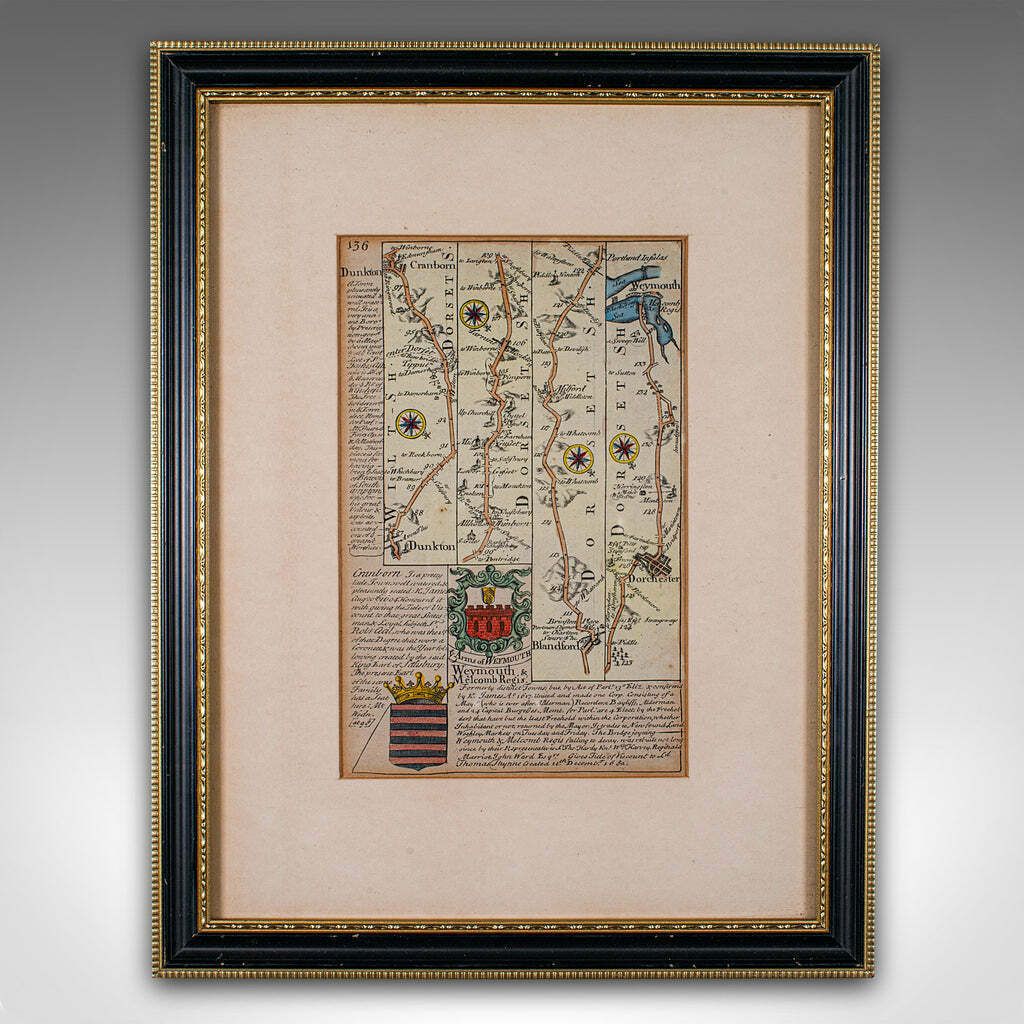 Antique Coaching Road Map Cranborne To Dorchester, Framed Cartography, Victorian photo furniture