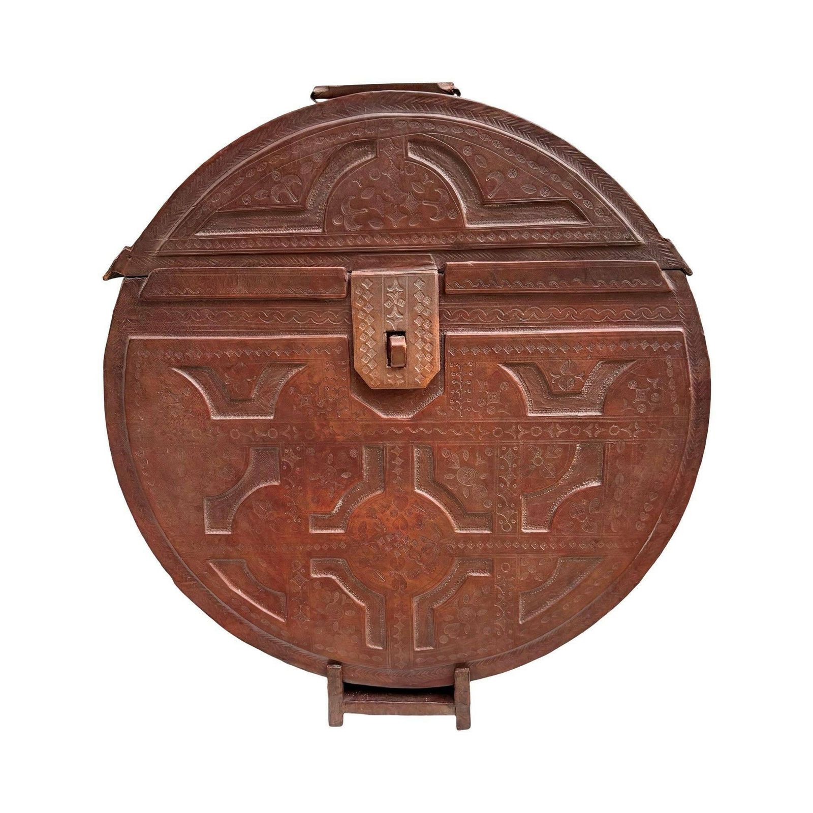 Tuareg Chest Box Tribal Large Round Leather Berber Nomadic Art Authentic Handmade African Art Desk Decor Ornament Collector Gift Unique photo furniture