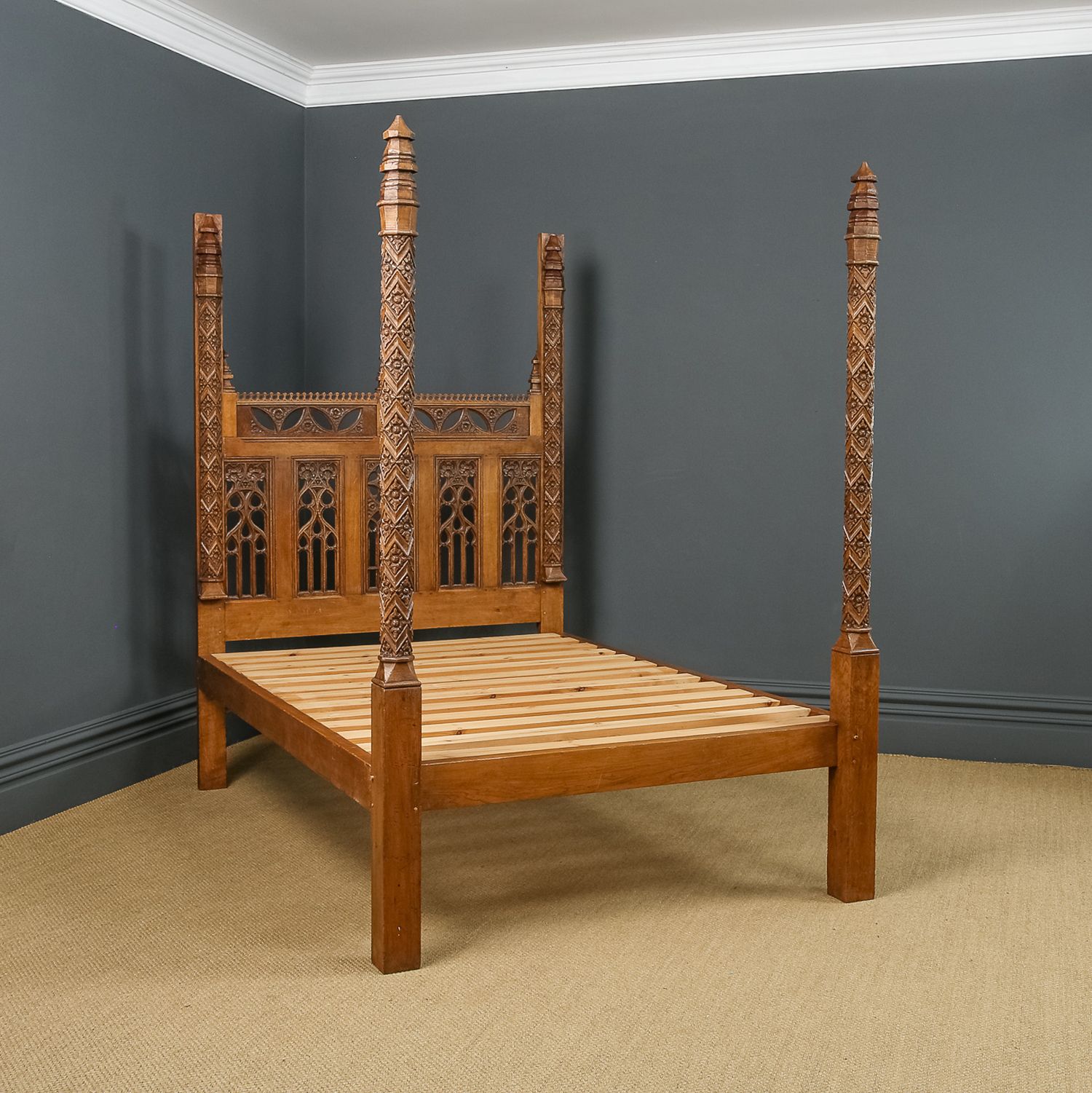 English 16th Century Gothic Pugin Style 5ft King Size Oak Carved  Bed (Circa 1930) photo furniture