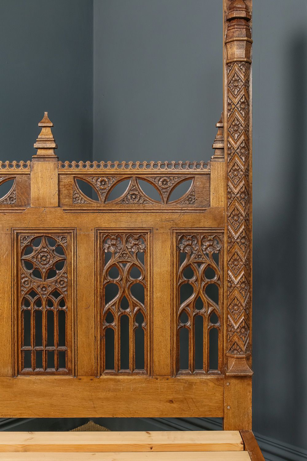 photo buy English 16th Century Gothic Pugin Style 5ft King Size Oak Carved  Bed (Circa 1930)