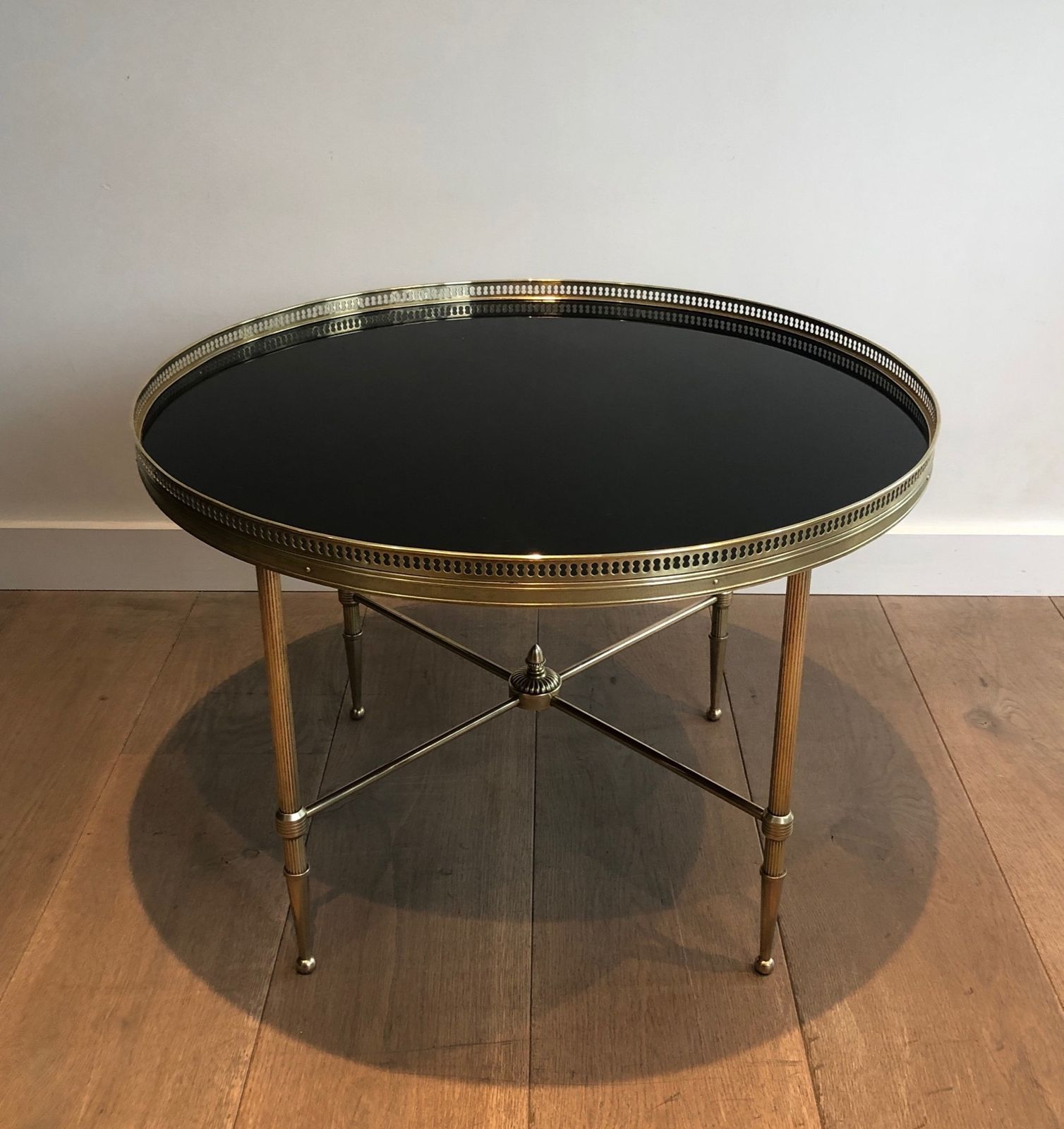 Round Coffee Table In Brass And Black Lacquered Glass Top By Maison Jansen