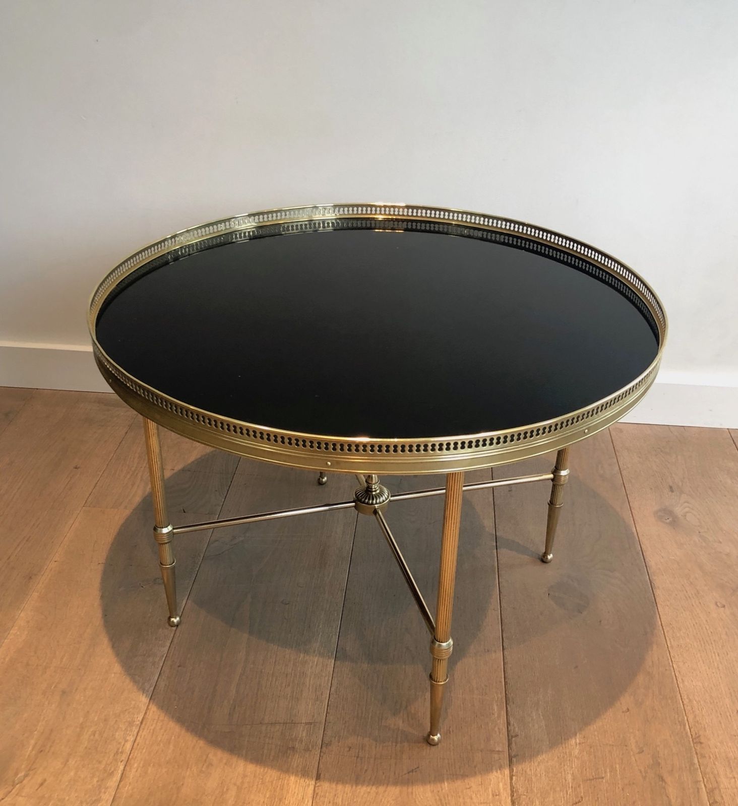 Round Coffee Table In Brass And Black Lacquered Glass Top By Maison Jansen photo furniture