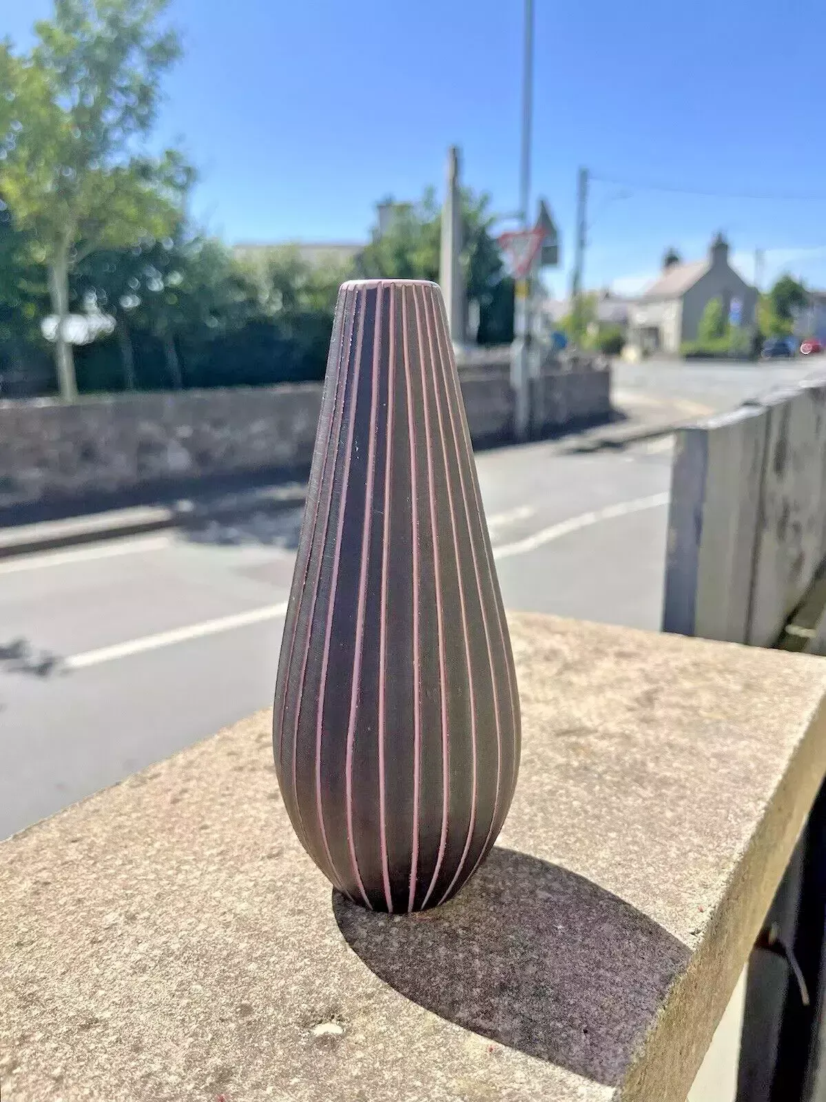 70's Mid Century Modern Swedish Gabriel Lido Pinstripe Rockabilly Sgraffito Vase photo vintage