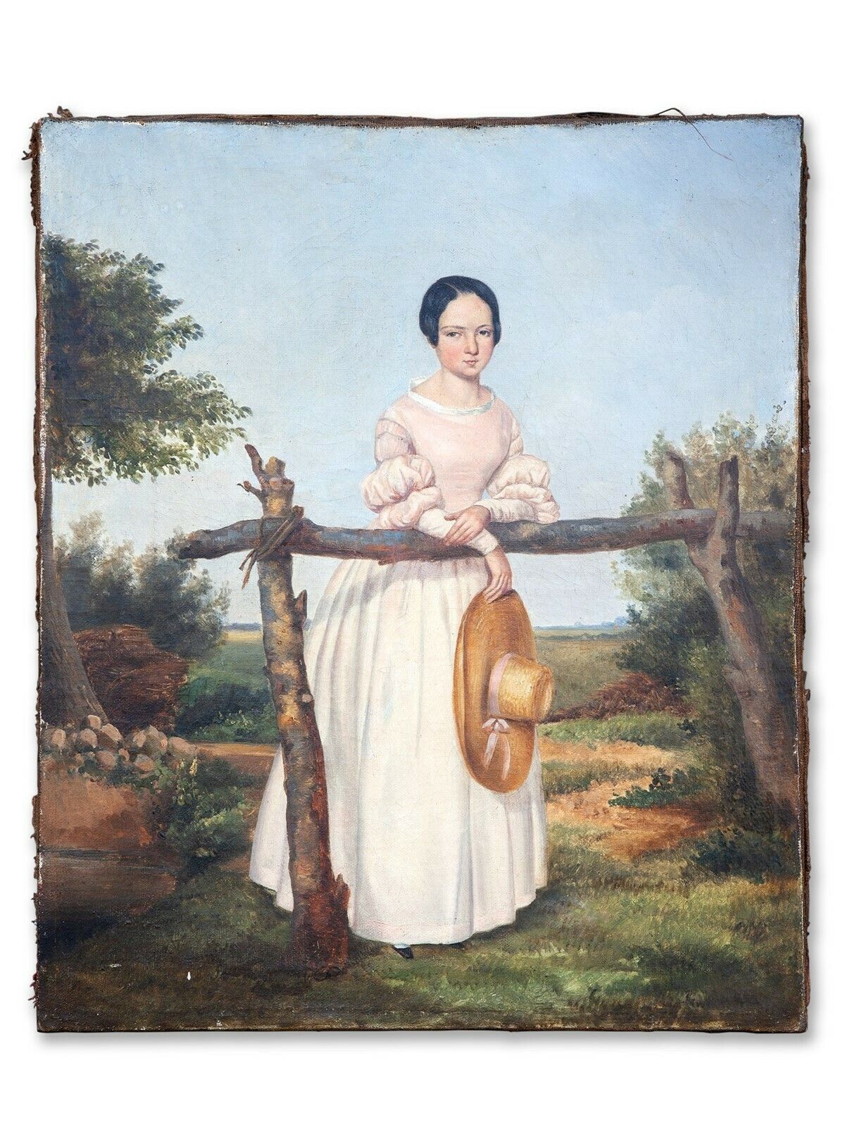Early 19thc. Oil Portrait Of Woman In Countryside