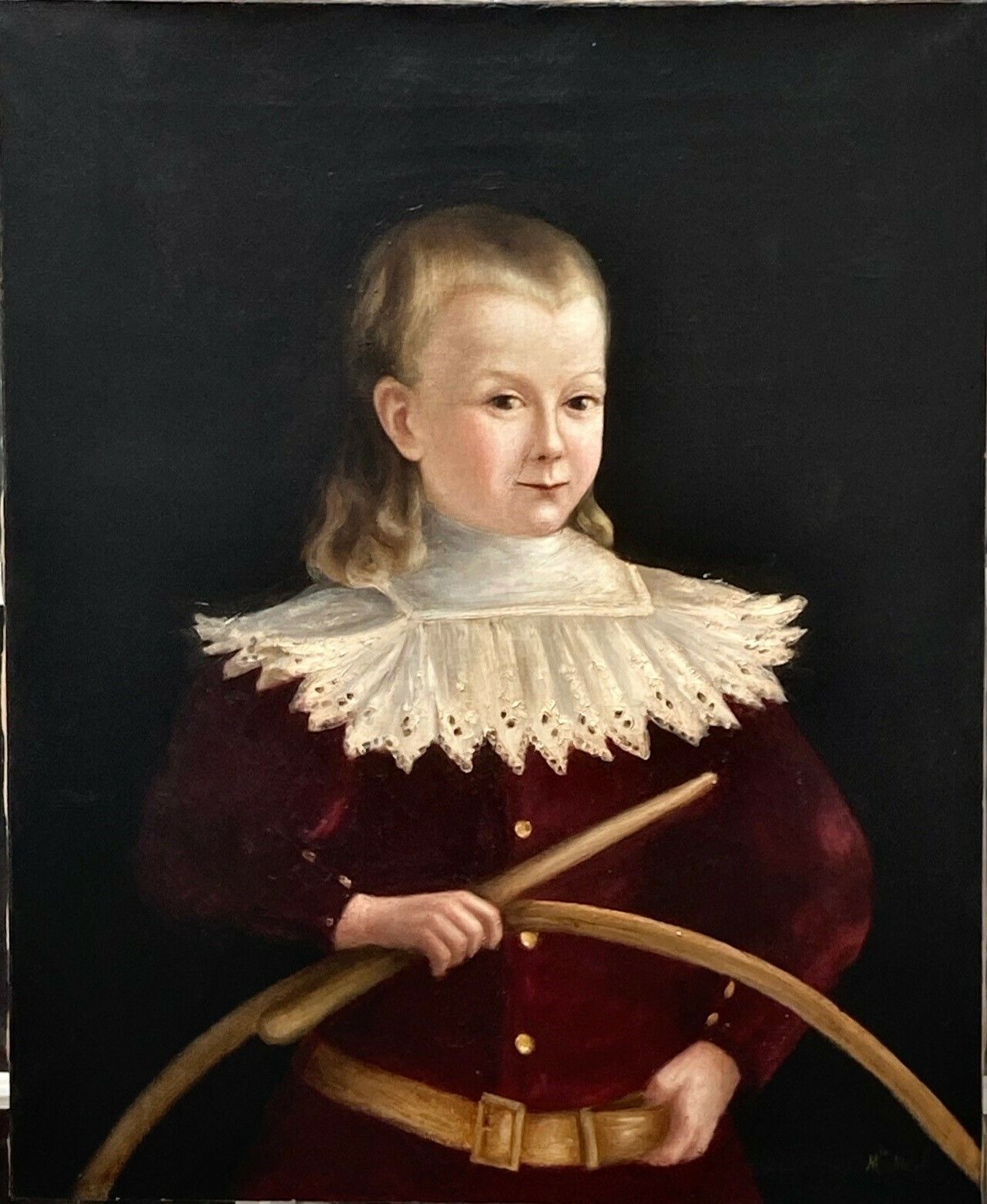 19th C Signed Oil Painting From France Of Young Boy With Hoop