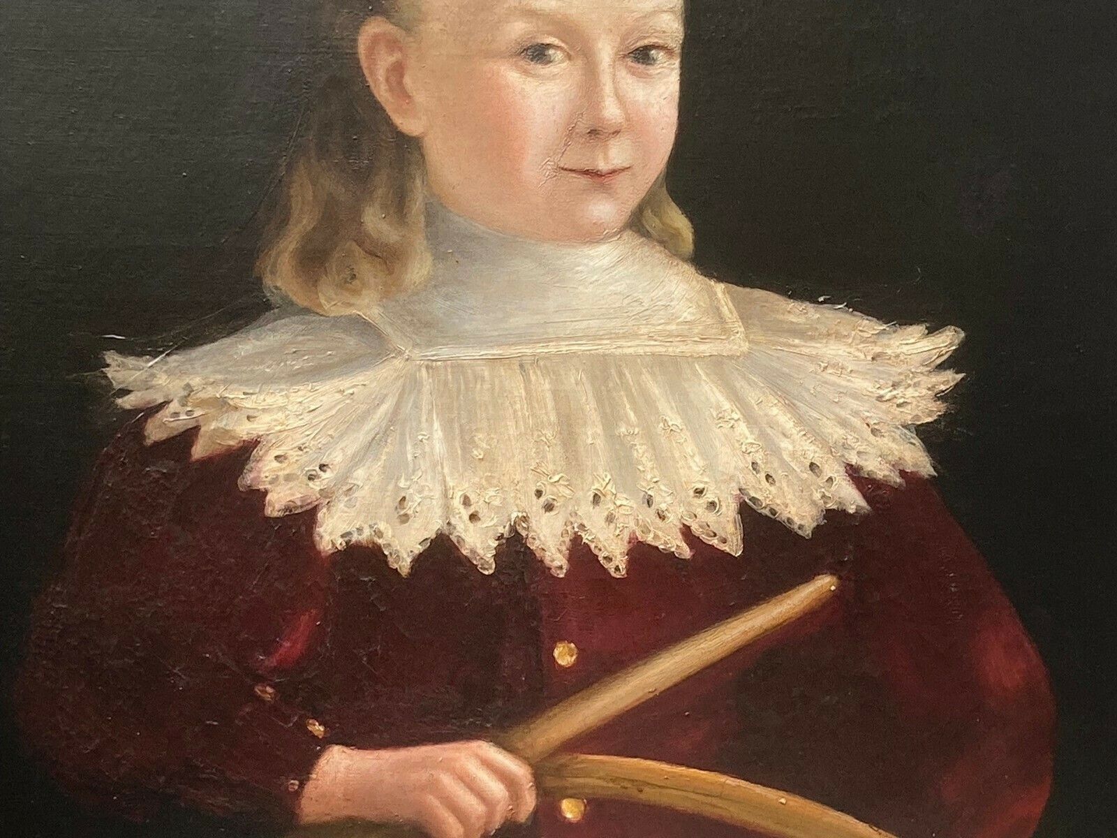 19th C Signed Oil Painting From France Of Young Boy With Hoop photo for sale