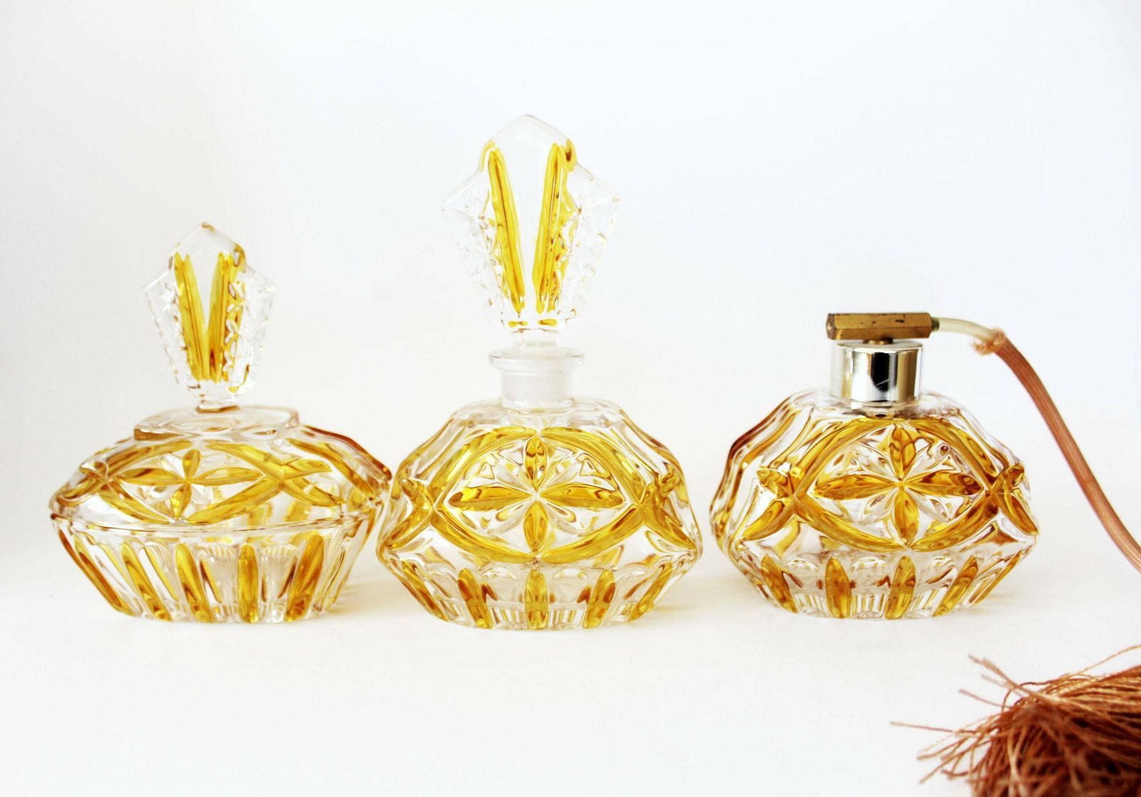 Set Of 3 Piece Art Deco Crystal Perfume Box And Atomiser Amber Glass Lidded Bohemian Glass Czechoslovakia Kristal Pressed Glass photo furniture