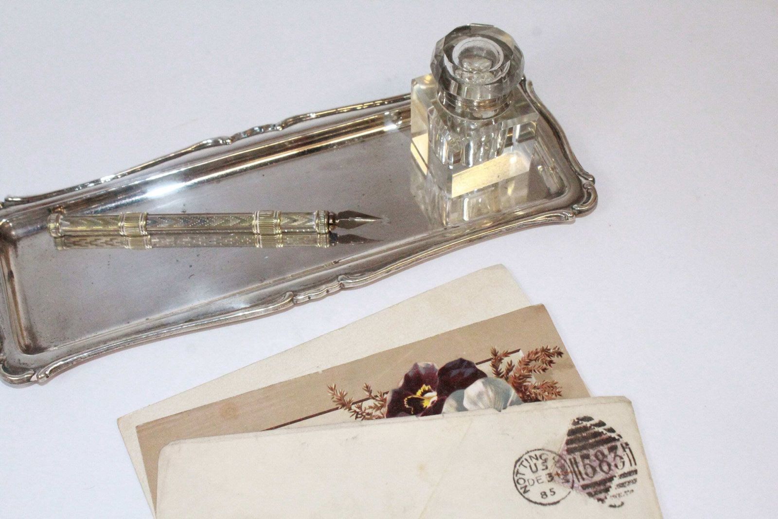 Antique Dip Pen And Pencil With Inkwell, Tray And Letter.