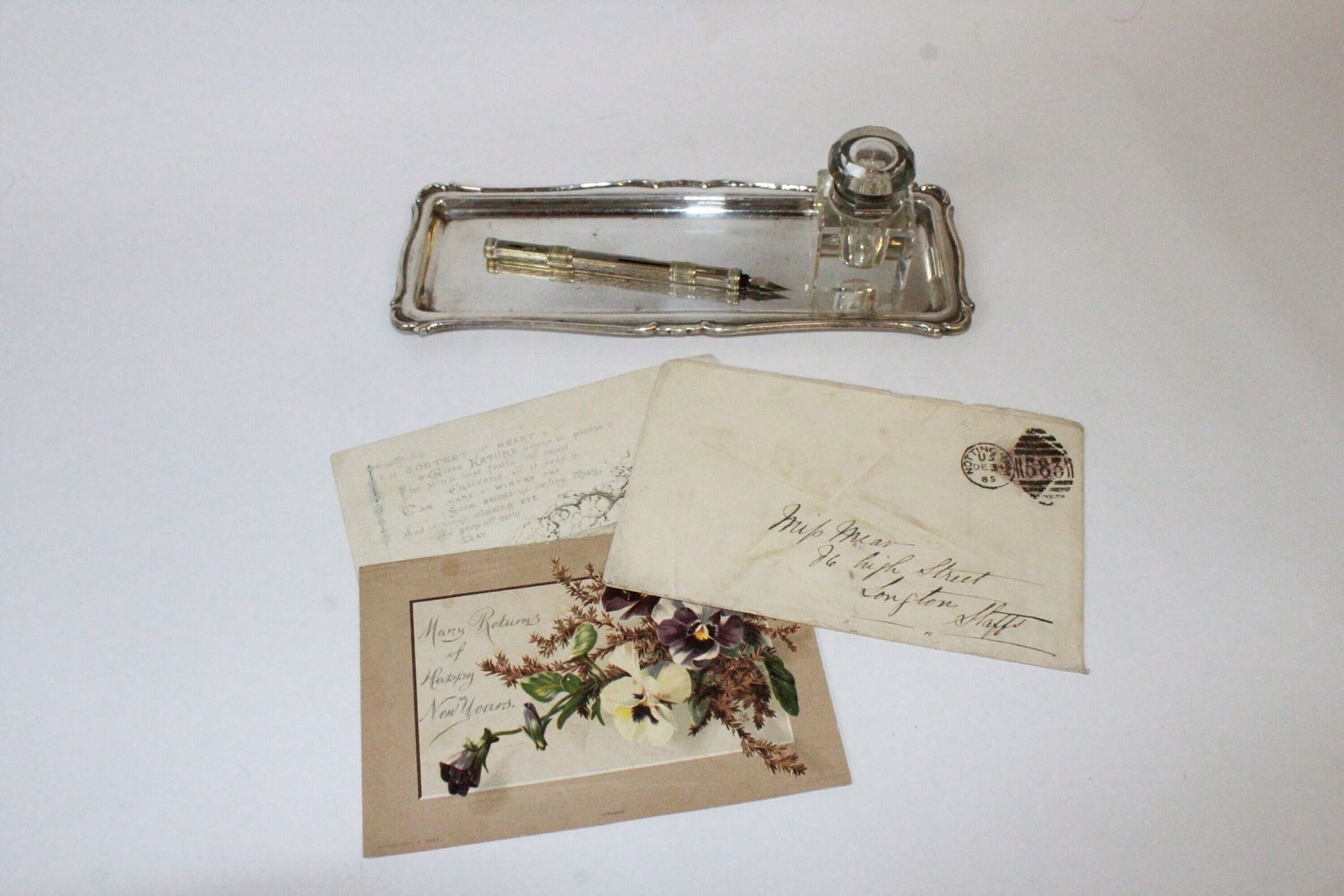 Antique Dip Pen And Pencil With Inkwell, Tray And Letter. photo furniture