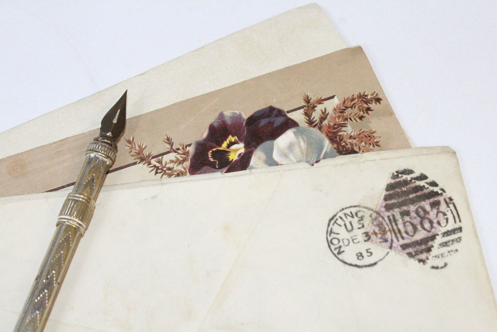 Antique Dip Pen And Pencil With Inkwell, Tray And Letter. photo for sale