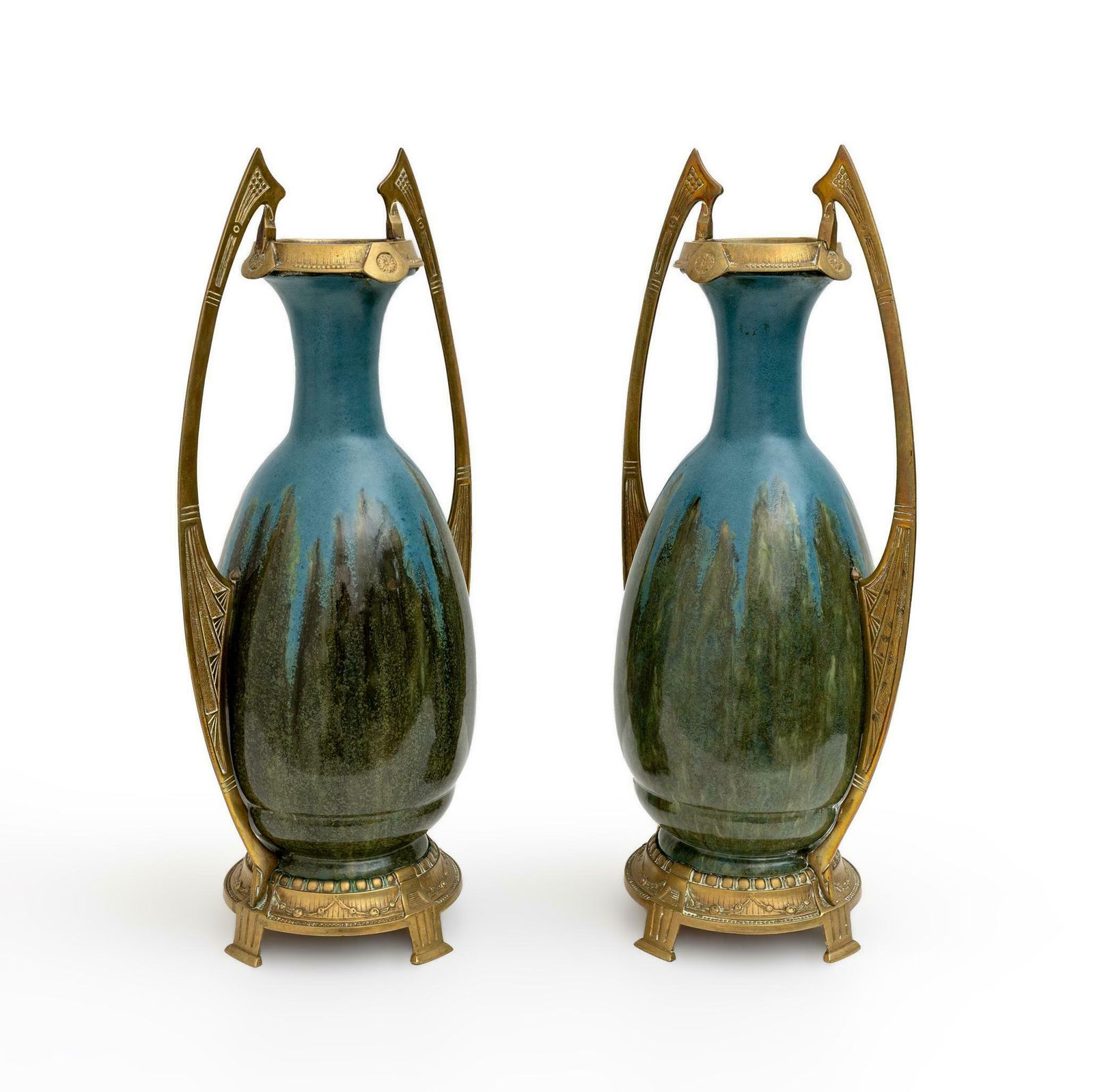 Pair Of Art Nouveau Jugendstil Bronze And Ceramic Vases Otto Eckman Style, 1900s photo vinterior