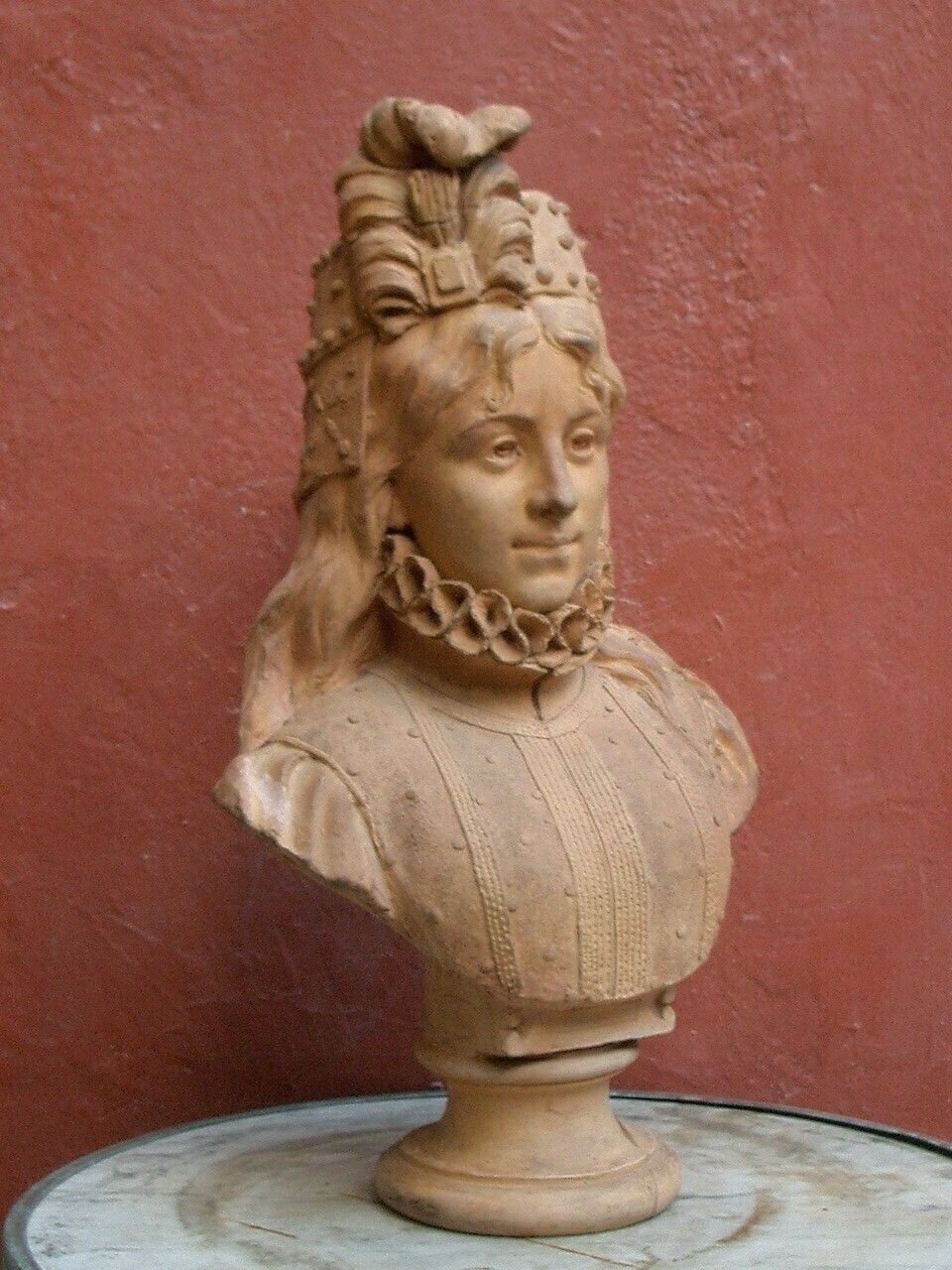 Late 19th C. Signed Terracotta Bust Of Woman In Elizabethan Costume photo 1050.0