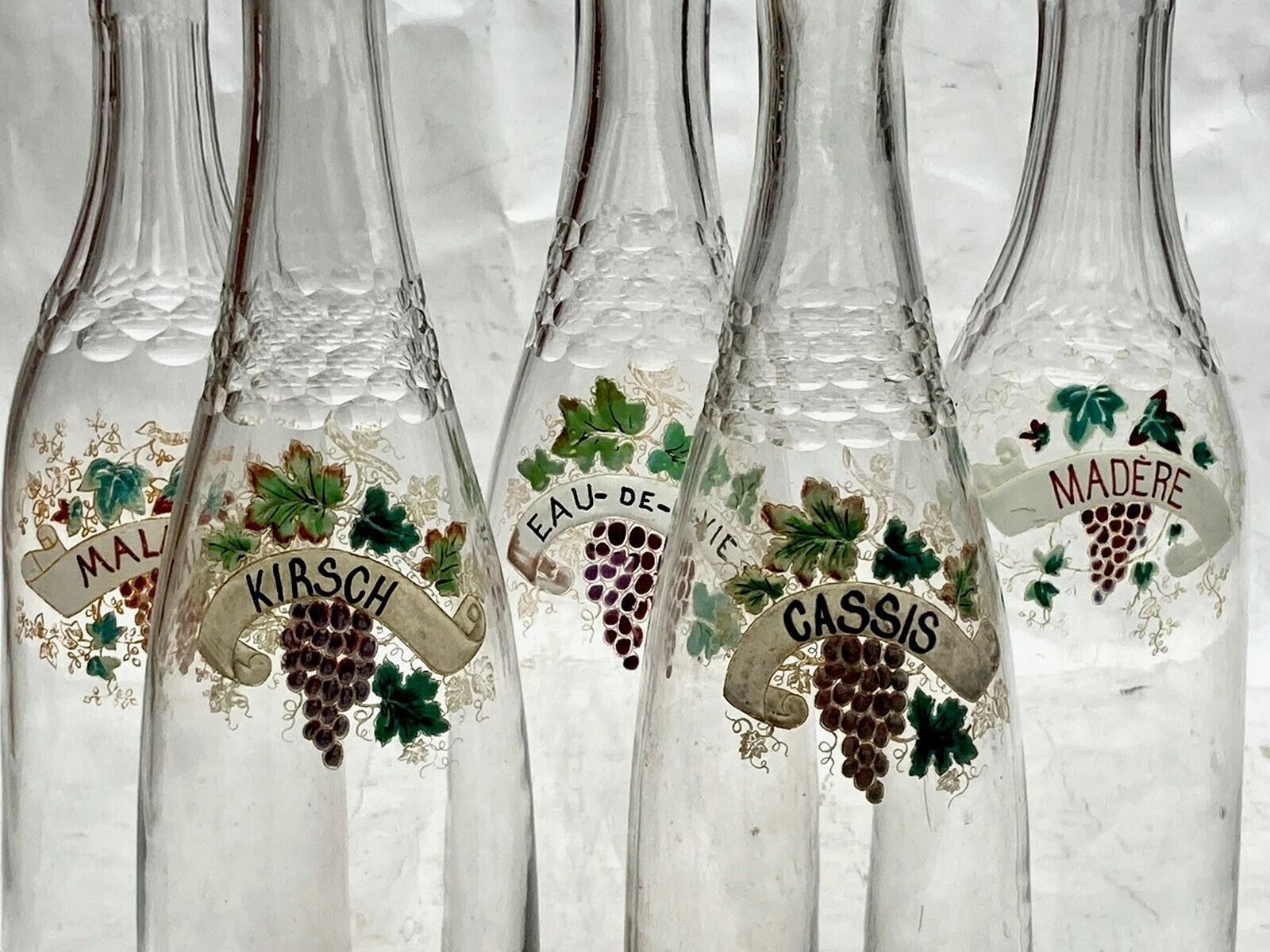 Set Of 5 Vintage Restaurant Decanters With Handpainted Labels From France photo for sale