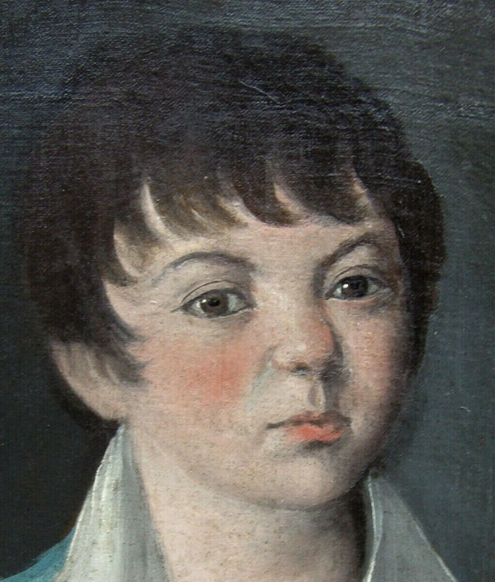 Oil Painting Of French Boy Holding A Bird, Early 19th C. photo for sale