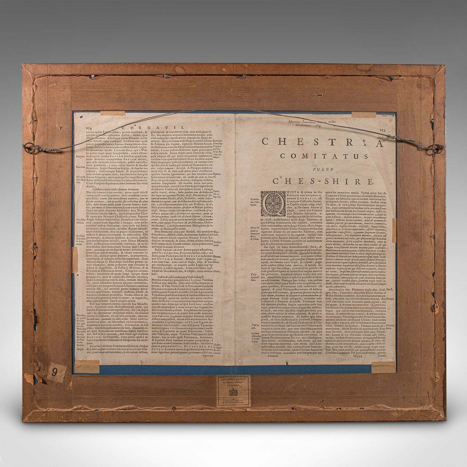 Antique County Map Of Cheshire, Dutch, Framed, Cartography, Janssonius, C.1660 photo for sale