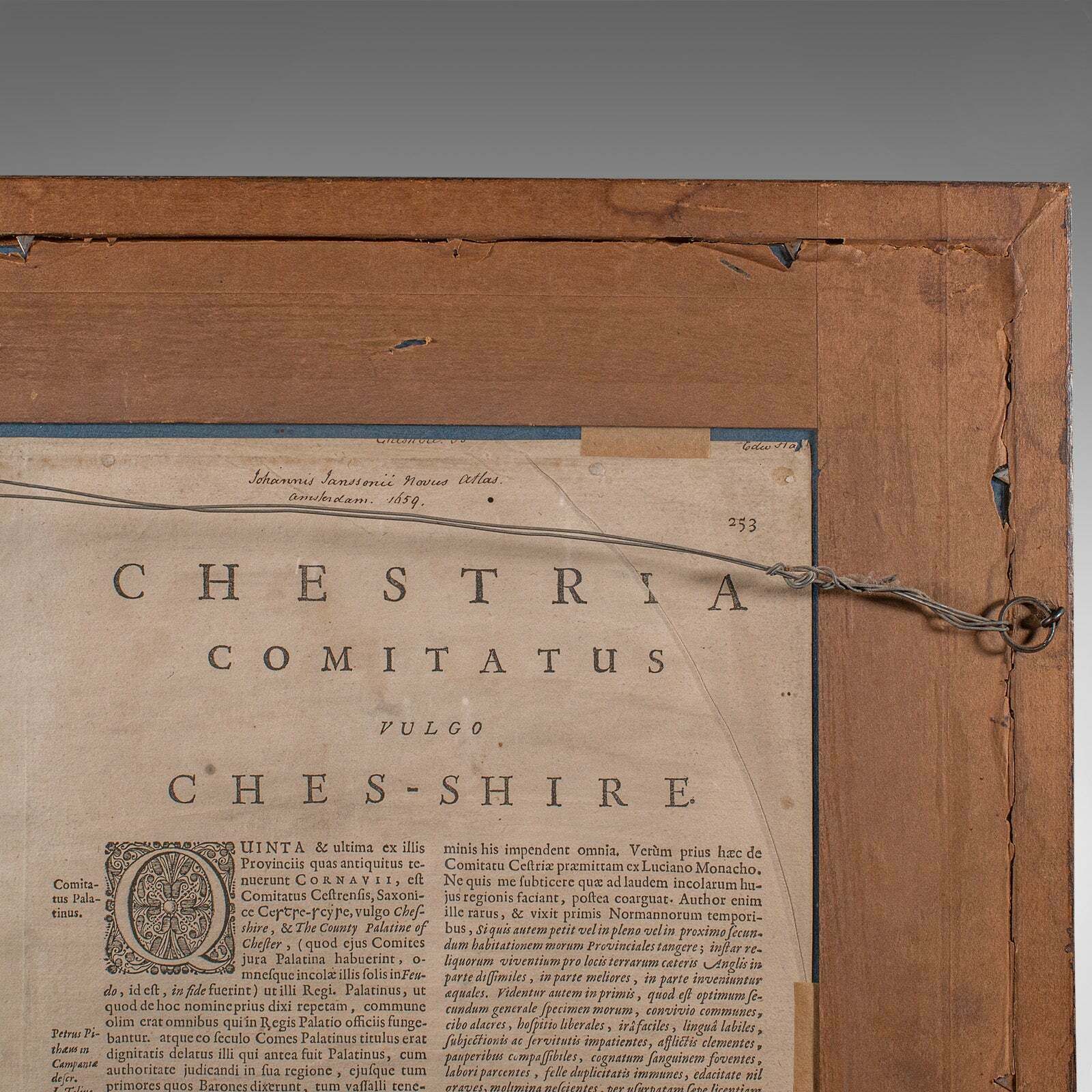 Antique County Map Of Cheshire, Dutch, Framed, Cartography, Janssonius, C.1660 photo Art