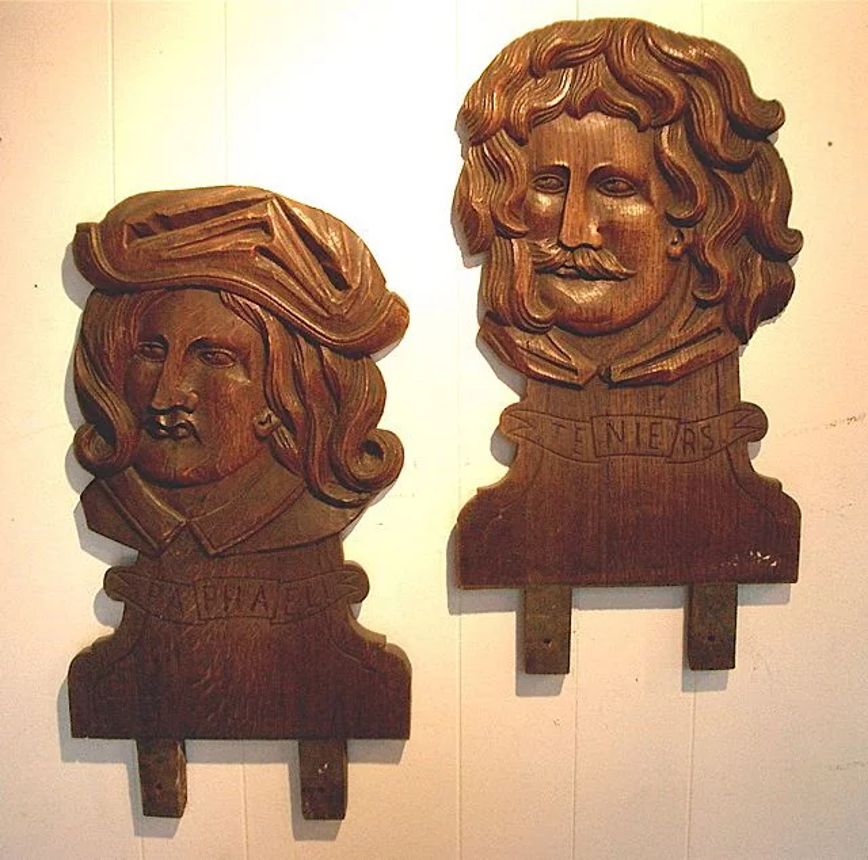 Pair Of 19th C Carved Art Shop Plaques Of Raphael & Teniers photo furniture