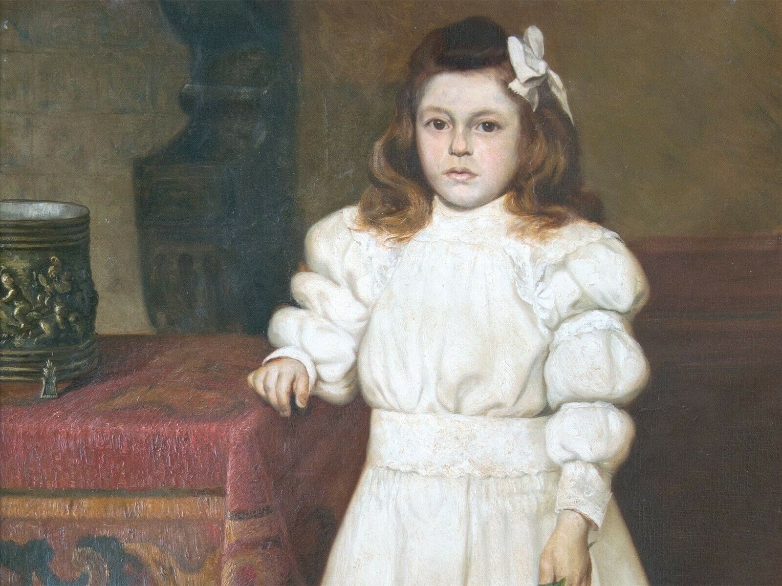 Large 19th C Oil Painting Of Young French Girl photo furniture