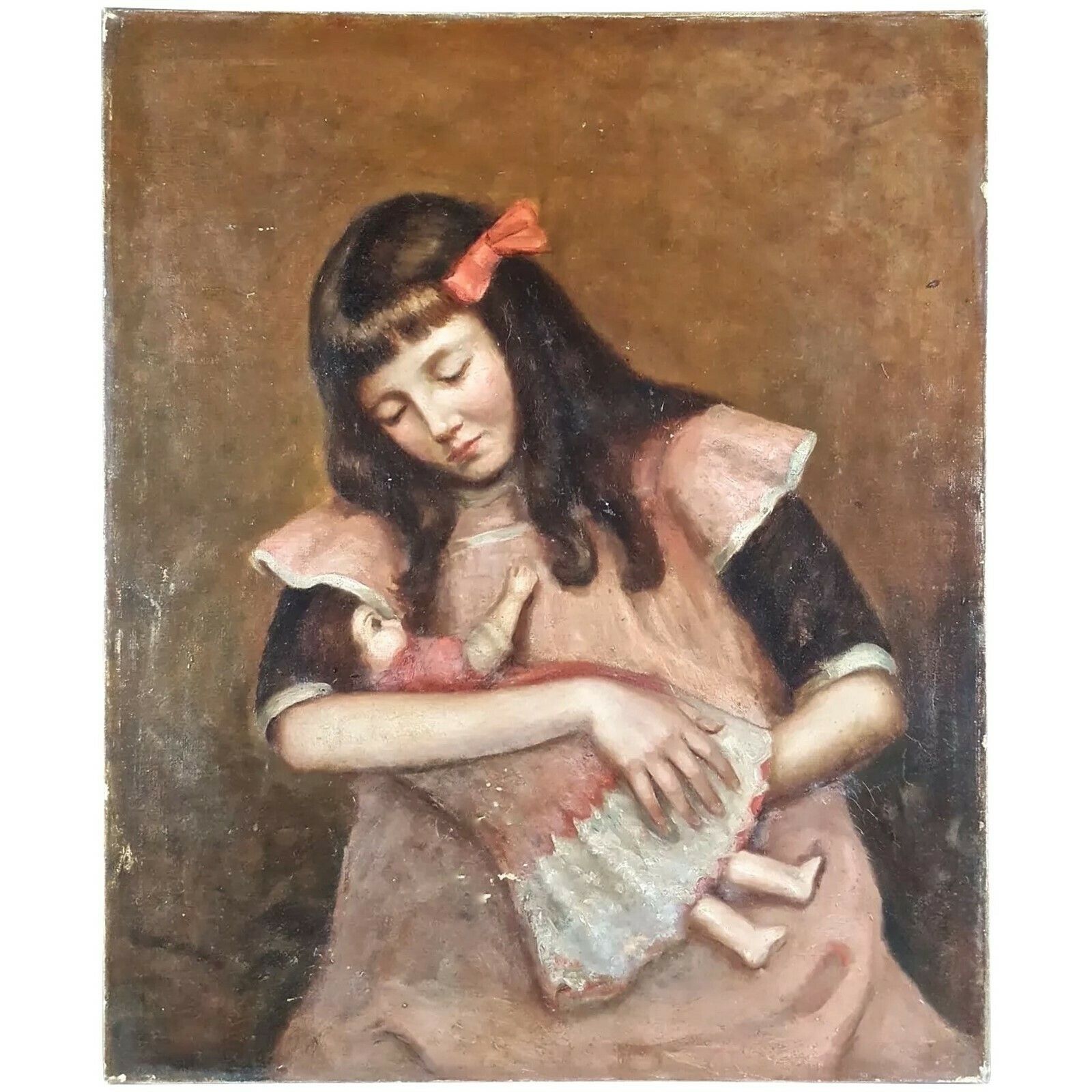 19thc.Oil Painting Of Young Girl Cradling Her Doll
