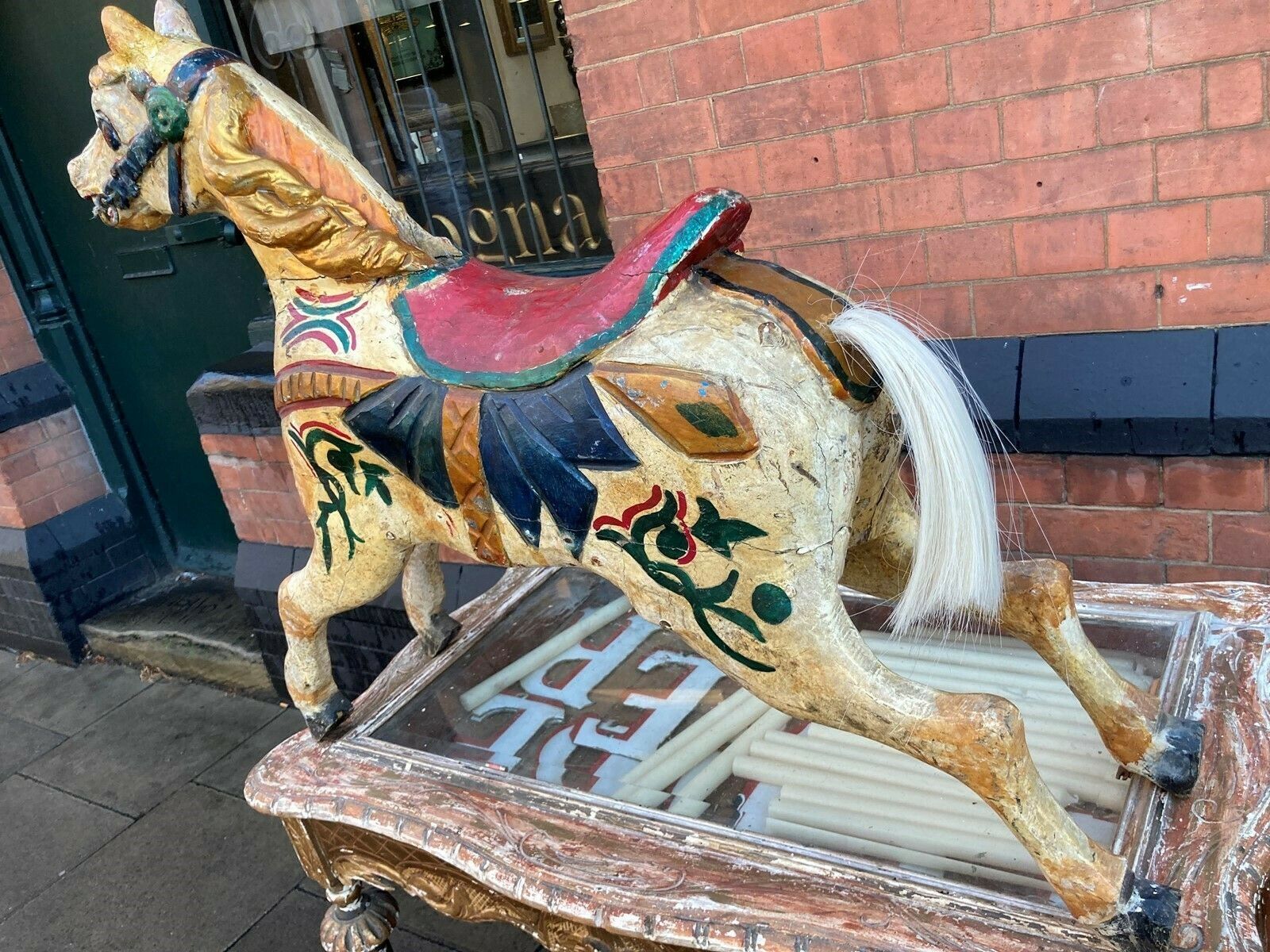 photo for sale Two Antique Carved Horses From A 19thc. Childrens' Carousel   For Sale As Single Items
