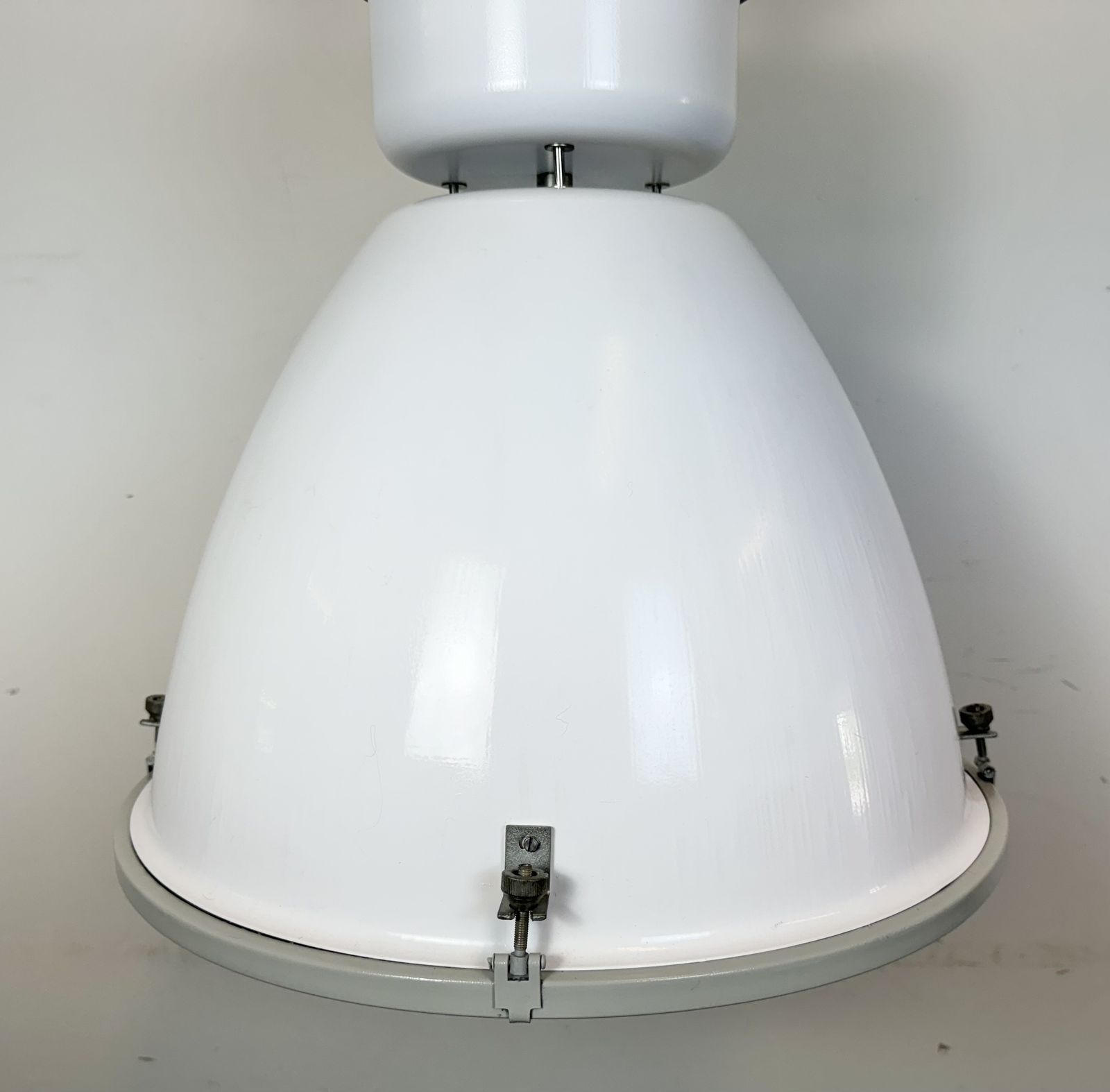 Large White Enamel Industrial Factory Lamp With Glass Cover, 1990s, 3x photo vinterior