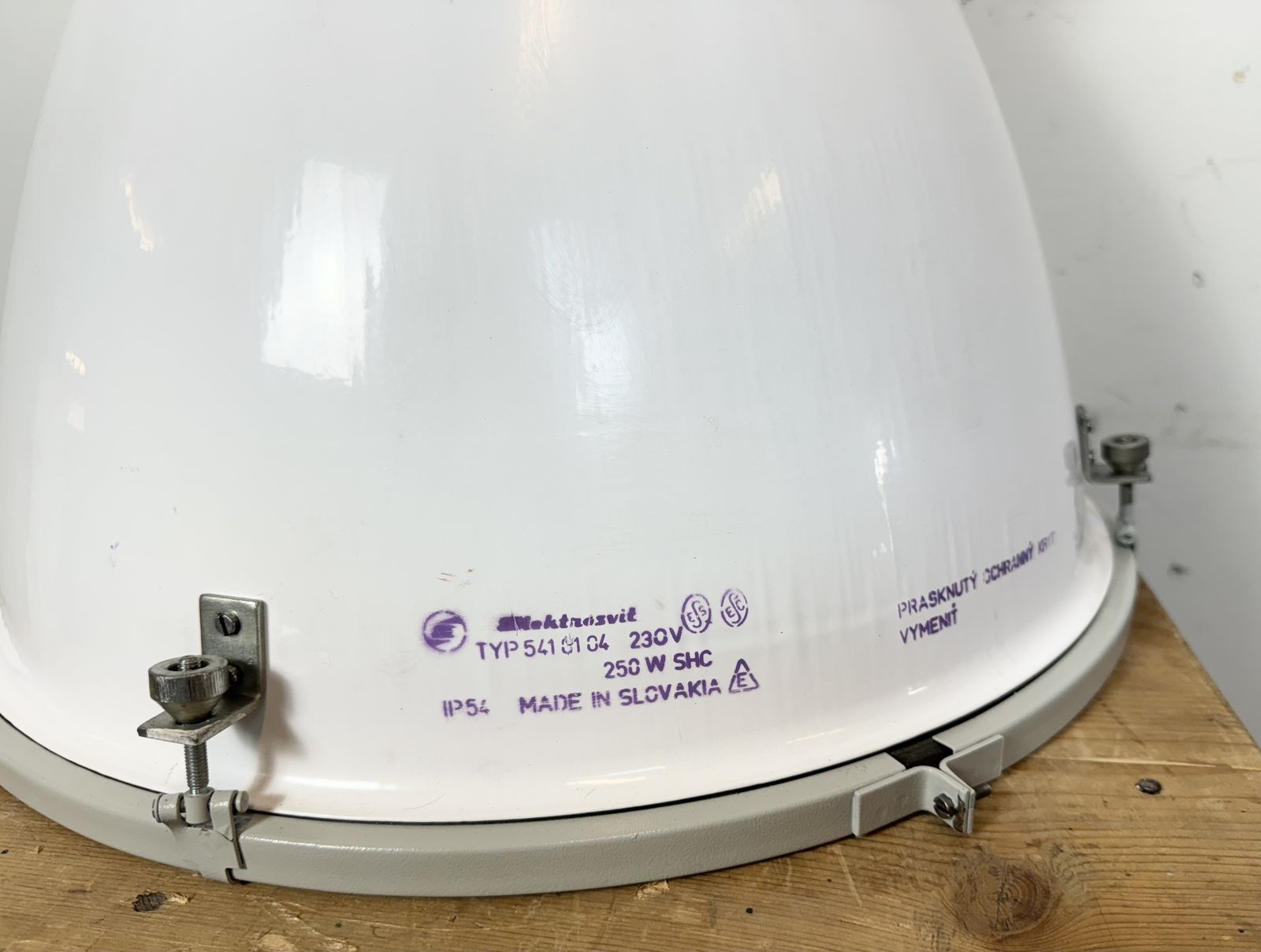 photo furniture Large White Enamel Industrial Factory Lamp With Glass Cover, 1990s, 3x