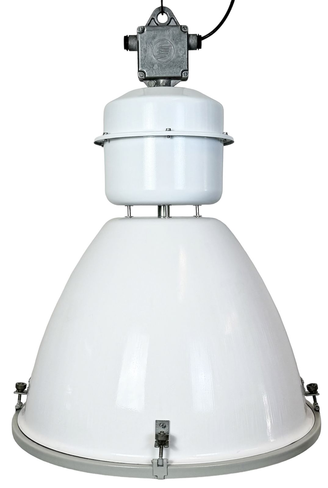 Large White Enamel Industrial Factory Lamp With Glass Cover, 1990s, 3x
