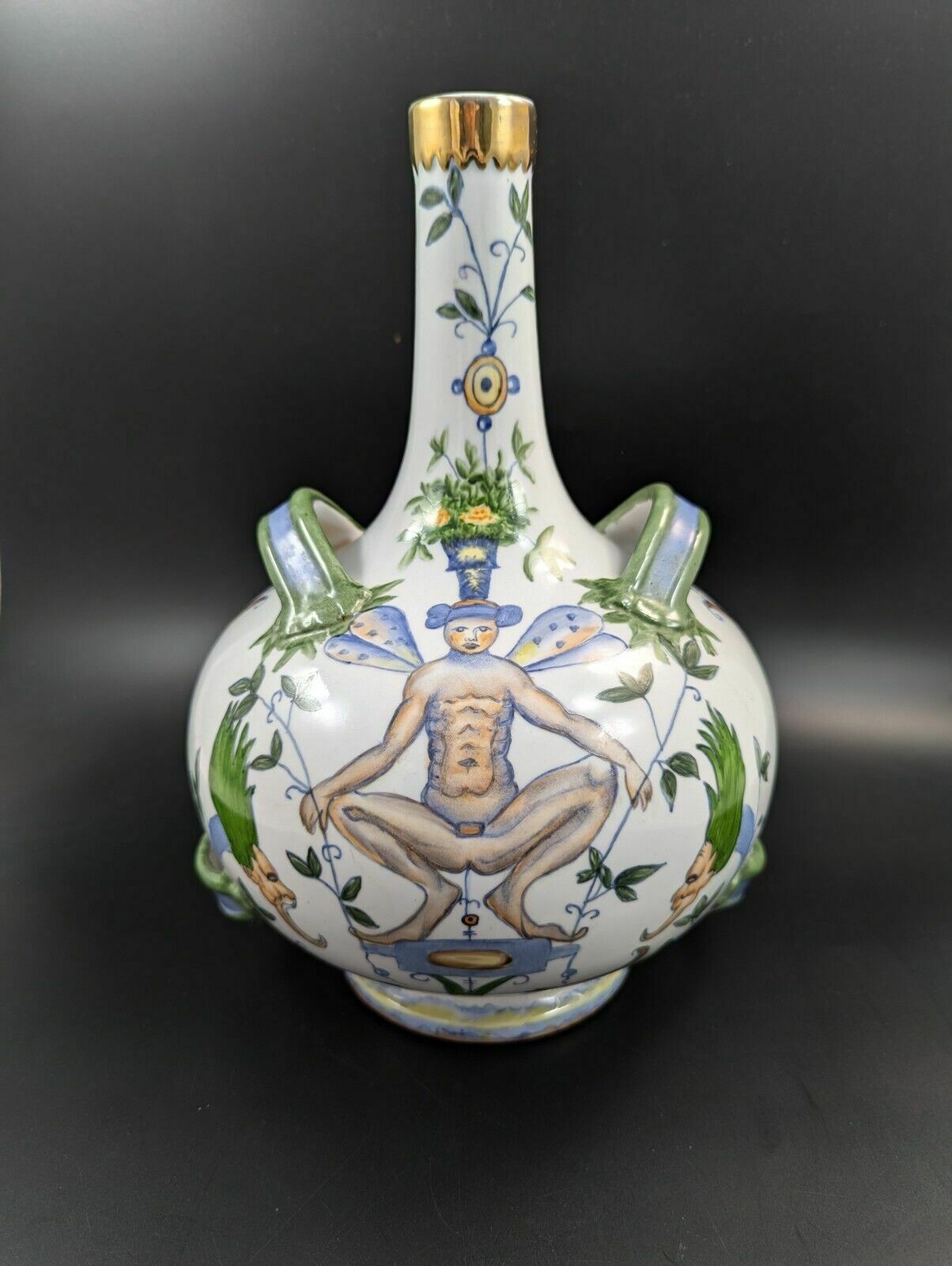 Antique French Armonial Double Handled Faience Flask, 19th Century