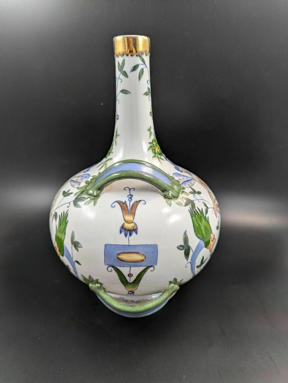Antique French Armonial Double Handled Faience Flask, 19th Century photo for sale