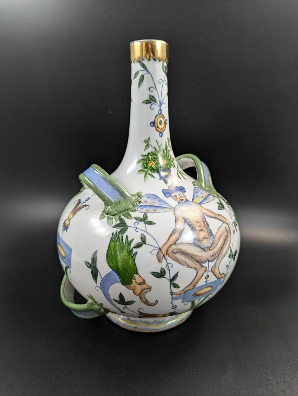 Antique French Armonial Double Handled Faience Flask, 19th Century photo Home Decor