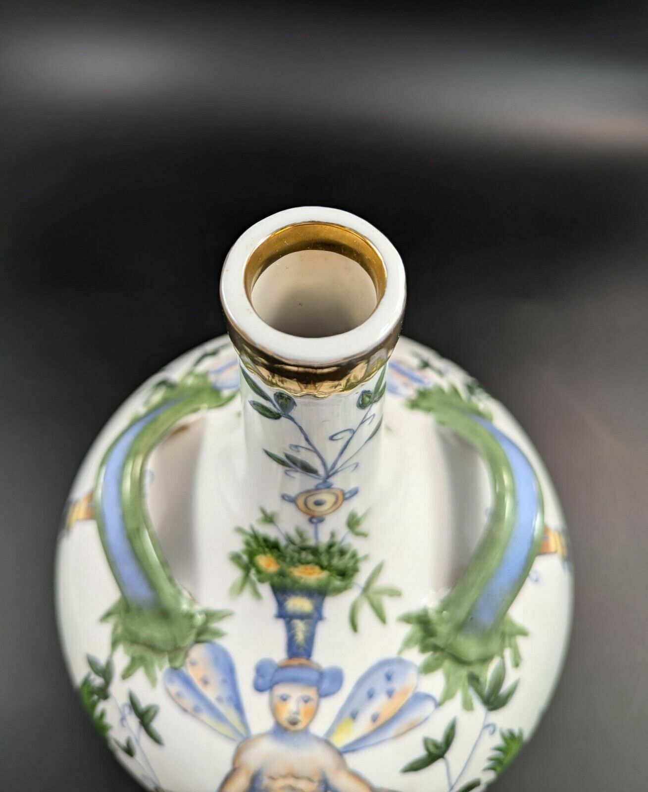 Home Decor Antique French Armonial Double Handled Faience Flask, 19th Century photo