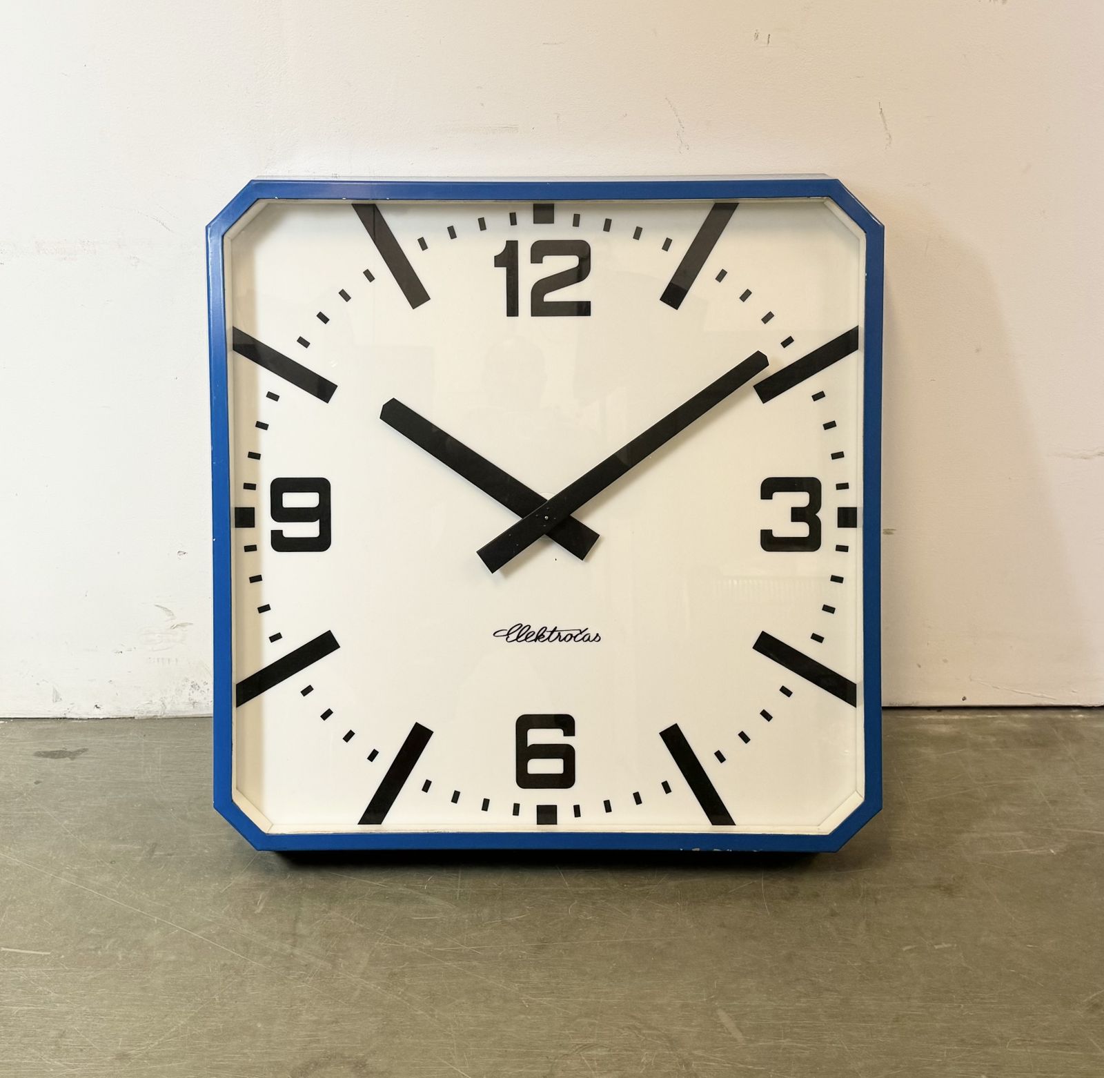 Huge Blue Square Industrial Wall Clock From Elektročas, 1990s photo for sale