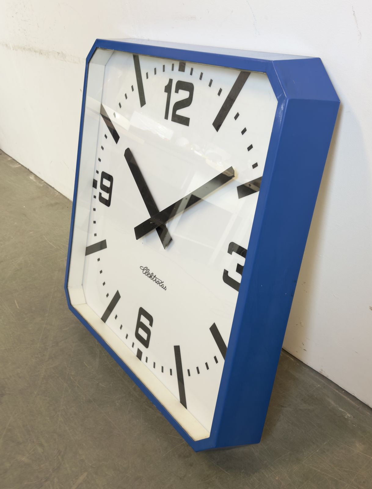 Huge Blue Square Industrial Wall Clock From Elektročas, 1990s photo vinterior