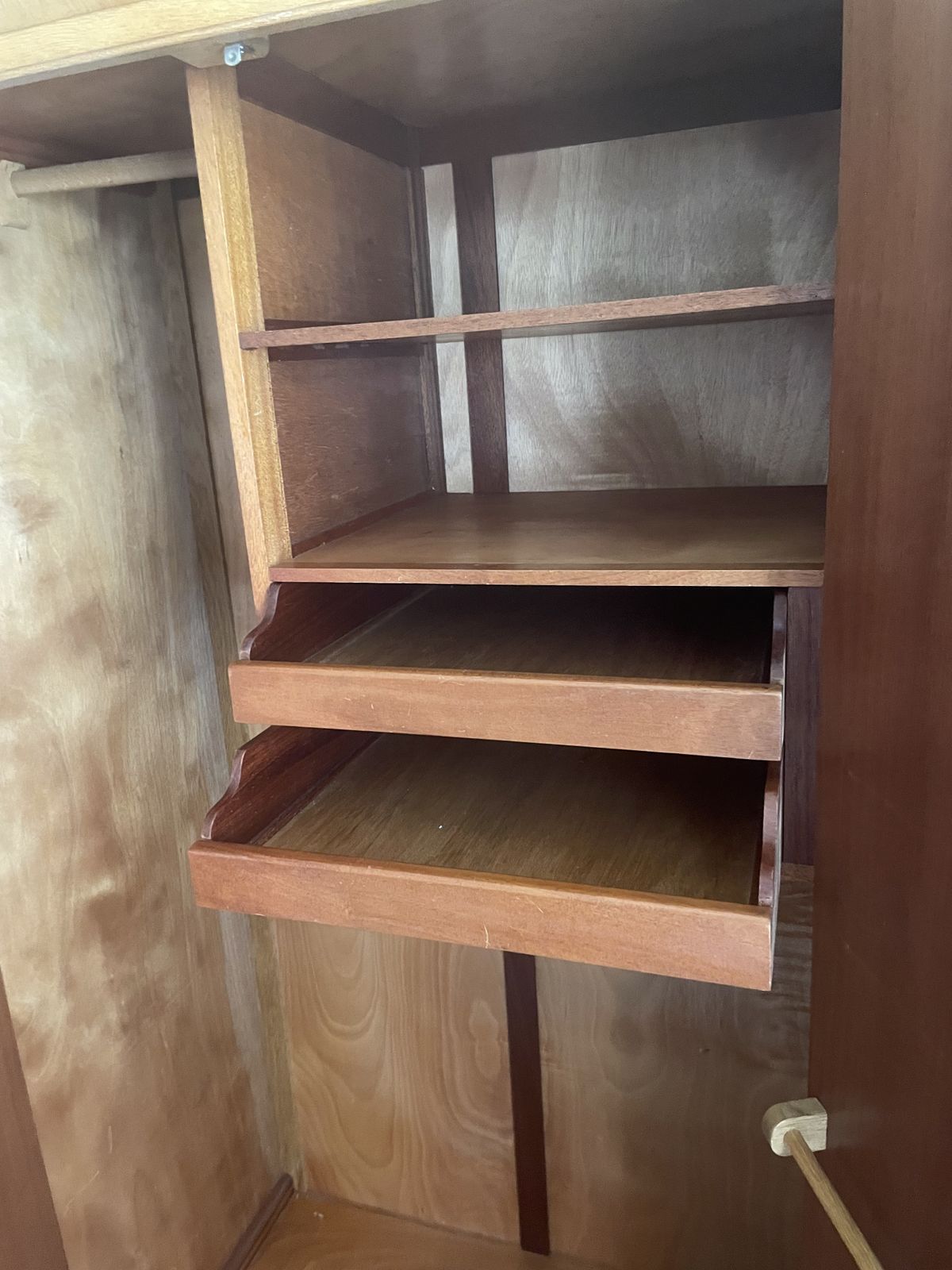 Mid Century White And Newton Gentleman’s Oak Wardrobe With Built In Shelves And Drawers.
