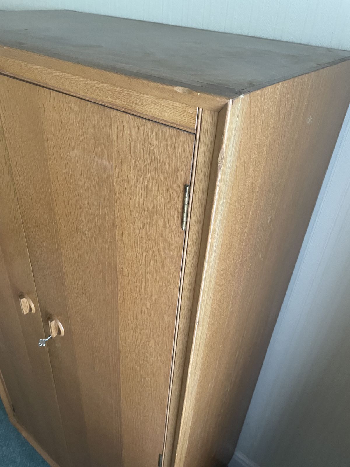 Mid Century White And Newton Gentleman’s Oak Wardrobe With Built In Shelves And Drawers. photo for sale