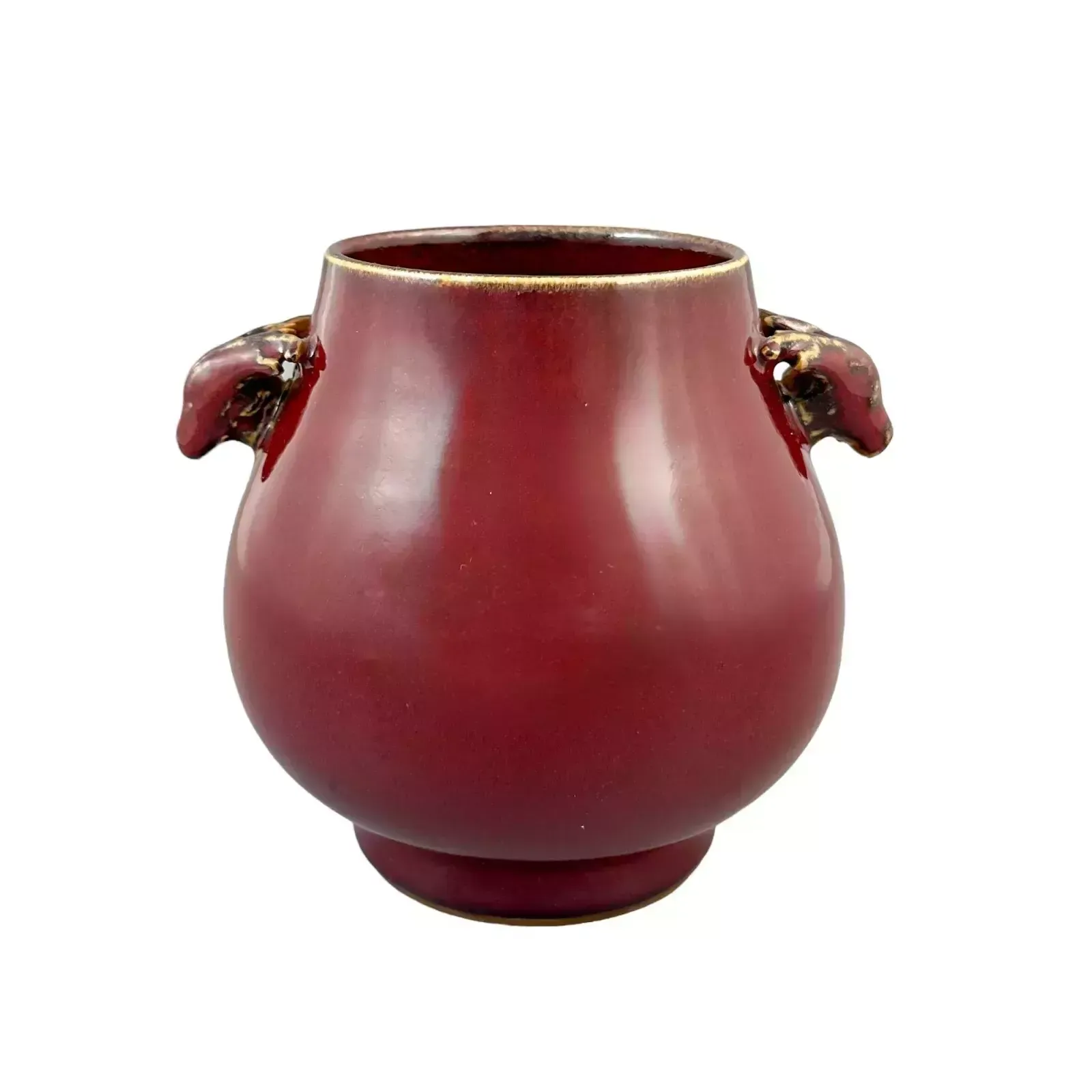 Antique Chinese 19th Century Qing Sang De Boeuf Hu Form Vase, Deer Head Handles