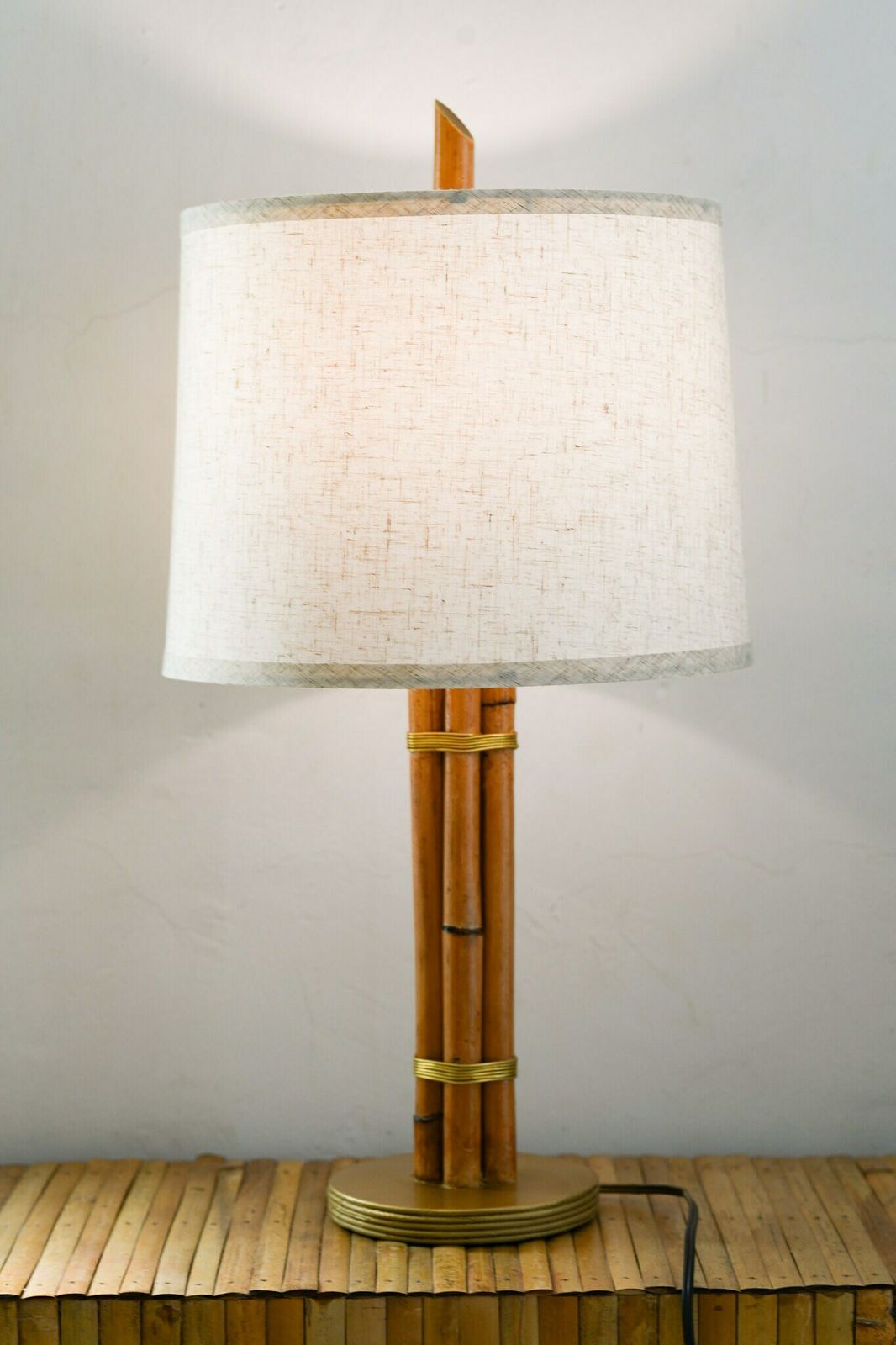 Rattan & Brass Table Lamp Mid Century Modern Style photo for sale