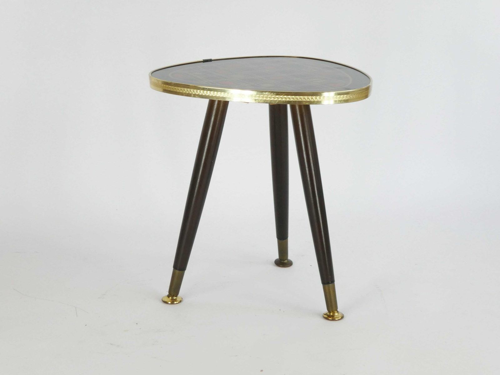 Mid Century Red, Gold & Black 60’s Kidney Plant Stand With Glass Top, Rare Formica Colourful Vintage Plant Table With Brass, Cute Tripod photo Furniture