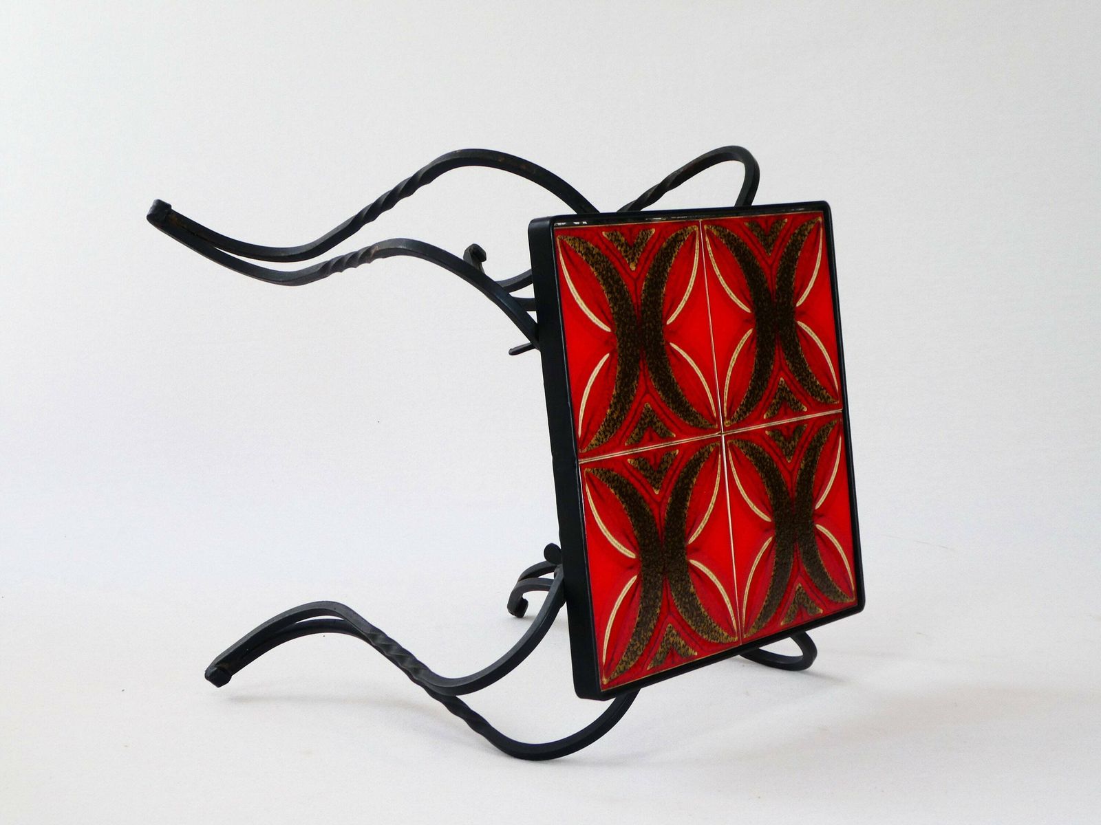 Mid Century Metal Small Square Plant Stand With Red Lava Ceramic Tiles, Vintage West Germany Iron Side Table photo Home Decor