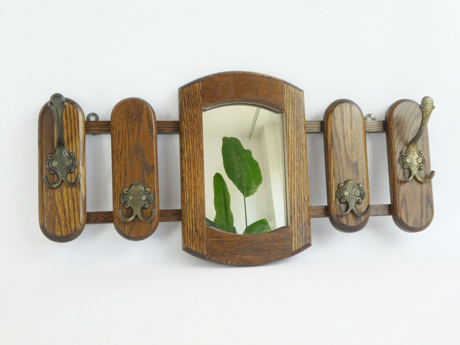 Vintage Dutch Wooden Wall Rack With Mirror And Brass Hooks, Wooden Wall Mount Rack, Oak Wall Hanging