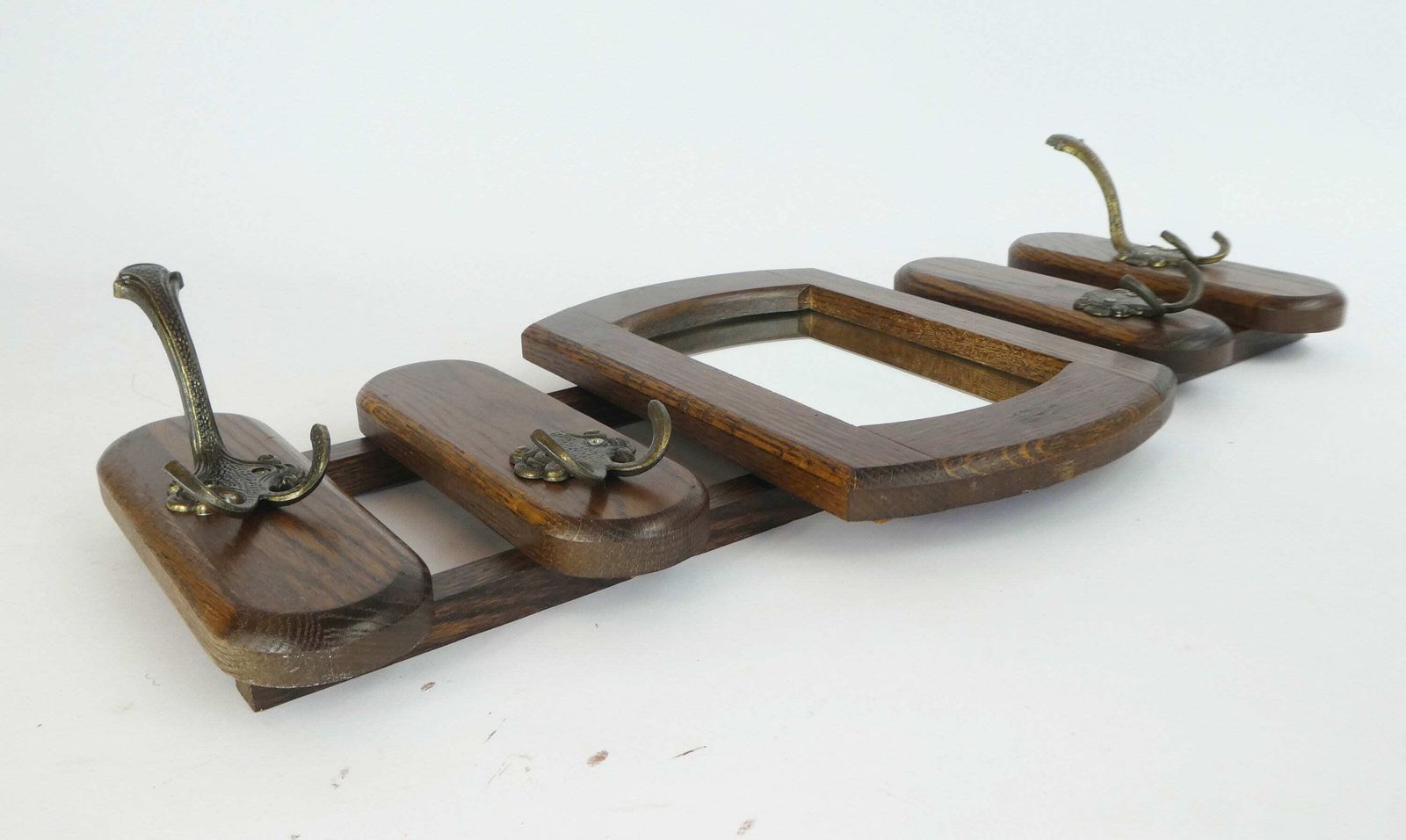 Vintage Dutch Wooden Wall Rack With Mirror And Brass Hooks, Wooden Wall Mount Rack, Oak Wall Hanging photo buy