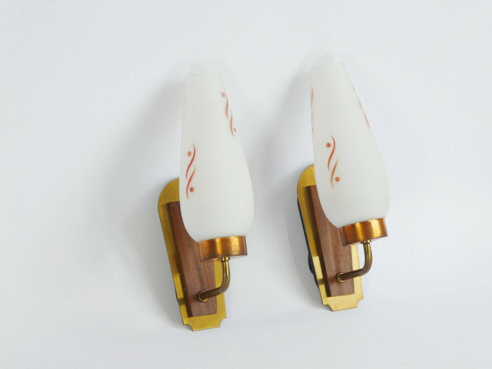 Scandinavian Design Mid Century Lamps With Glass Shade And Wood With Brass Details, Original Vintage Set Of Wall Lights, Glass 60's Lighting photo furniture