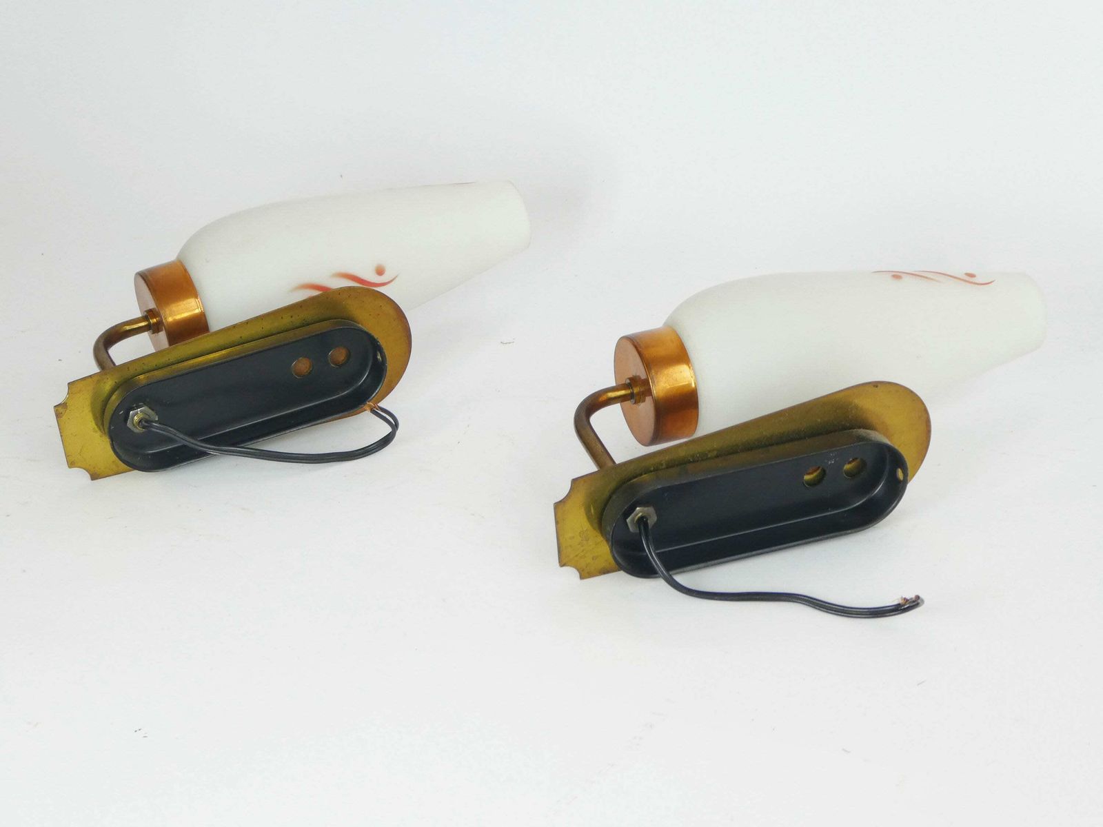 Scandinavian Design Mid Century Lamps With Glass Shade And Wood With Brass Details, Original Vintage Set Of Wall Lights, Glass 60's Lighting photo buy