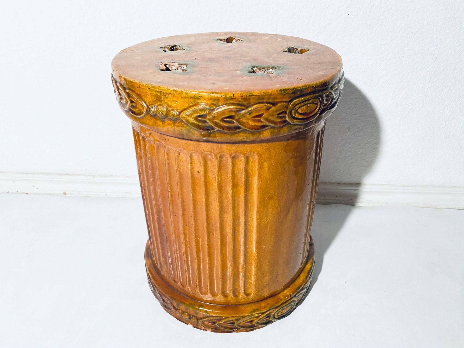 Antique Ceramic Pouf Stool Foot Rest / Flower Pylon / Green & Brown / Historic Decor photo 526.0